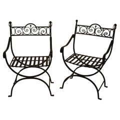 Antique Pair 1920  Spanish Colonial Revival Hand Forged Wrought Iron Arm Chairs