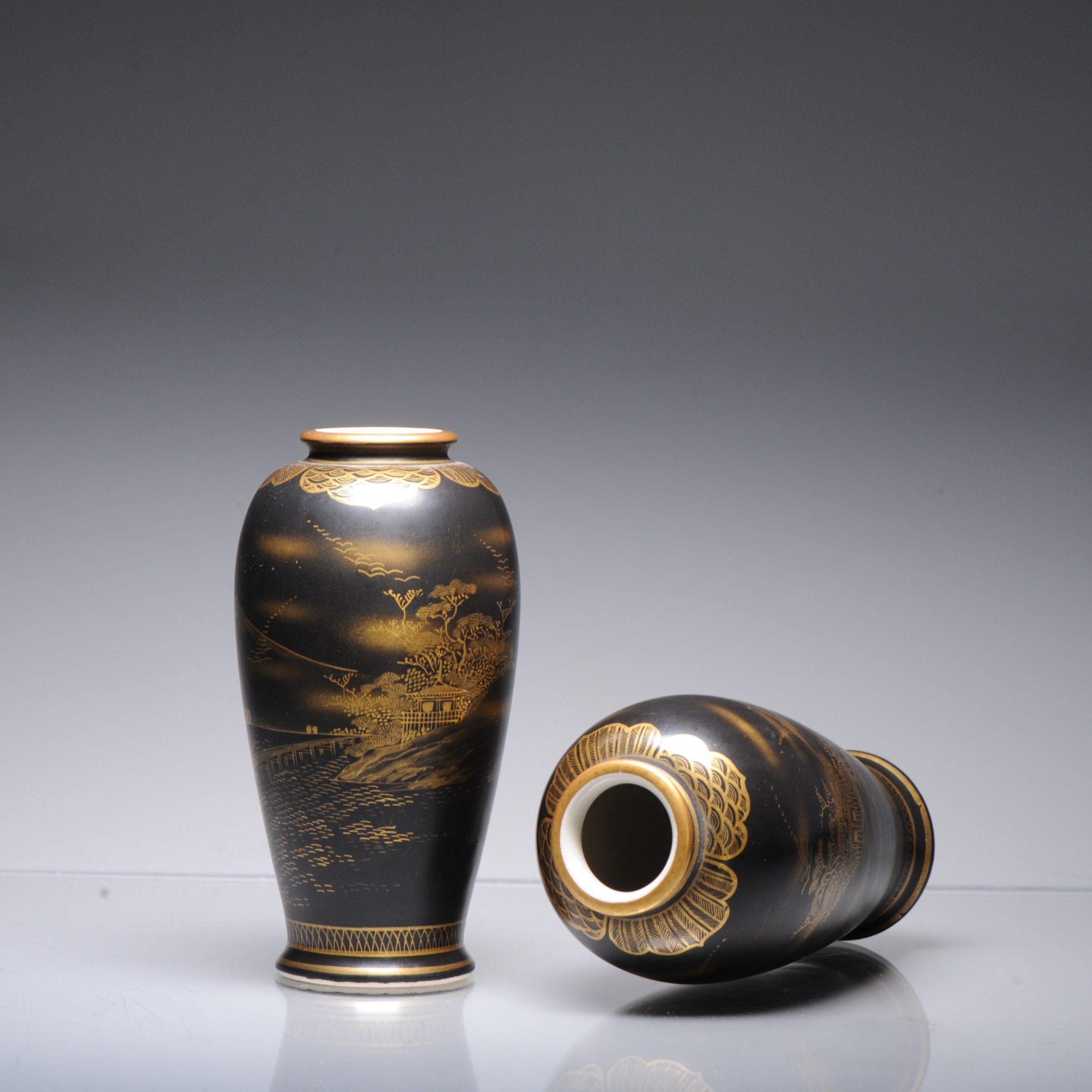 Antique Pair 19C Japanese Satsuma High Quality Black Vases Landscape Uchida For Sale 1