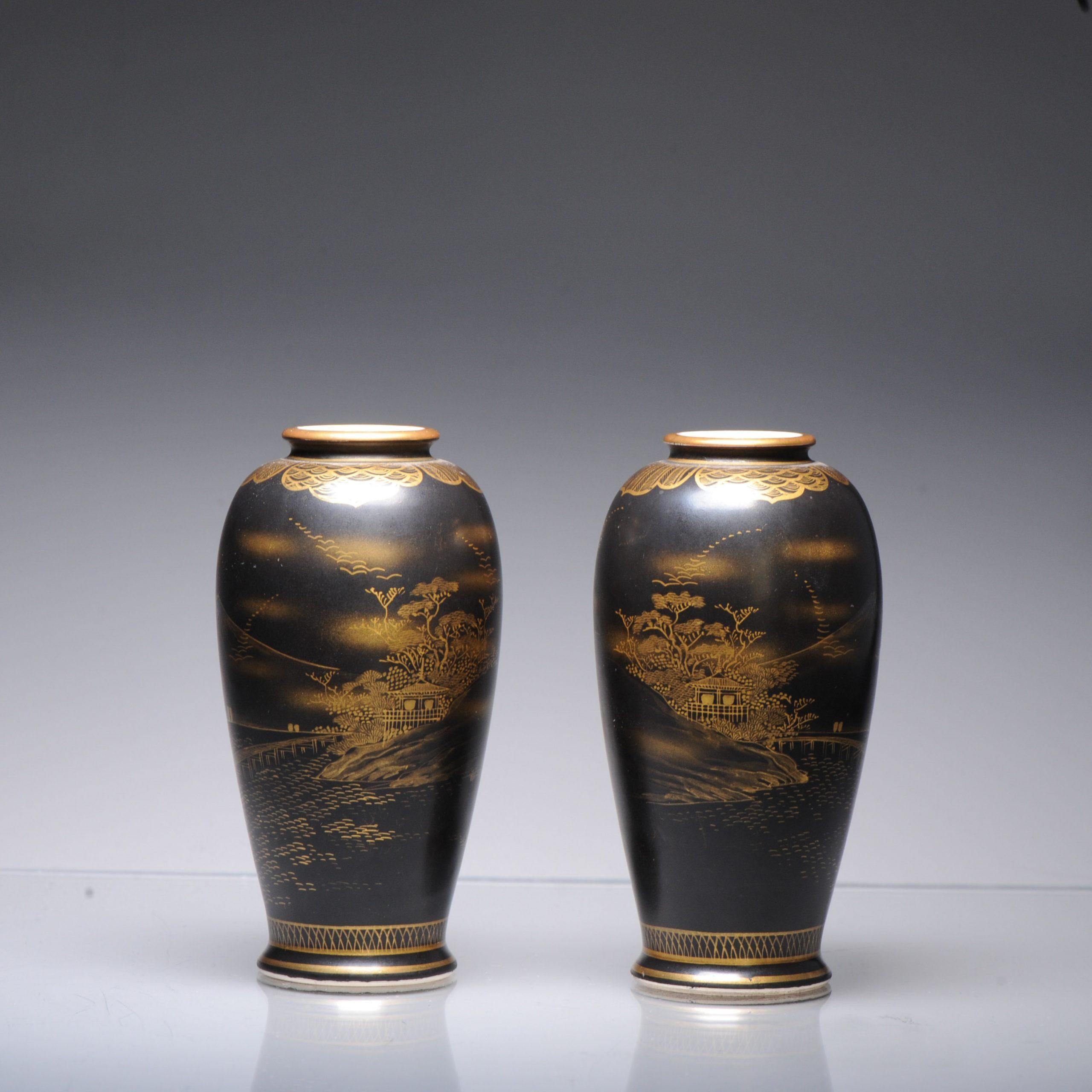 Antique Pair 19C Japanese Satsuma High Quality Black Vases Landscape Uchida For Sale 3