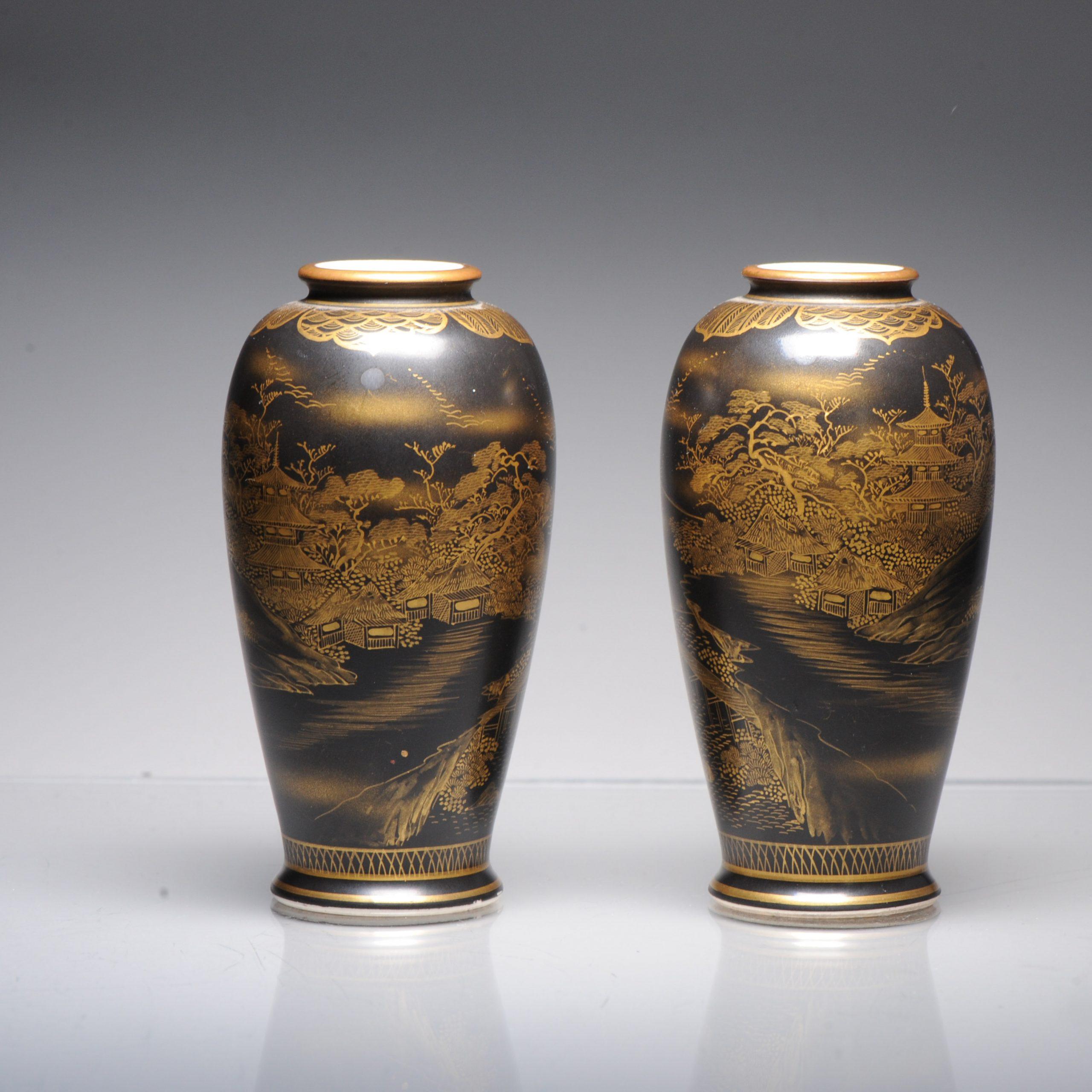 Antique Pair 19C Japanese Satsuma High Quality Black Vases Landscape Uchida For Sale 6