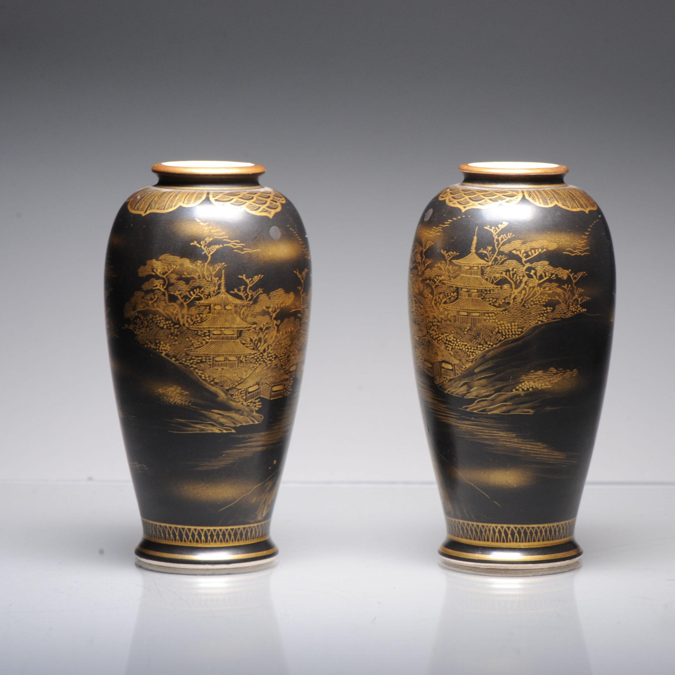 Antique Pair 19C Japanese Satsuma High Quality Black Vases Landscape Uchida For Sale 7