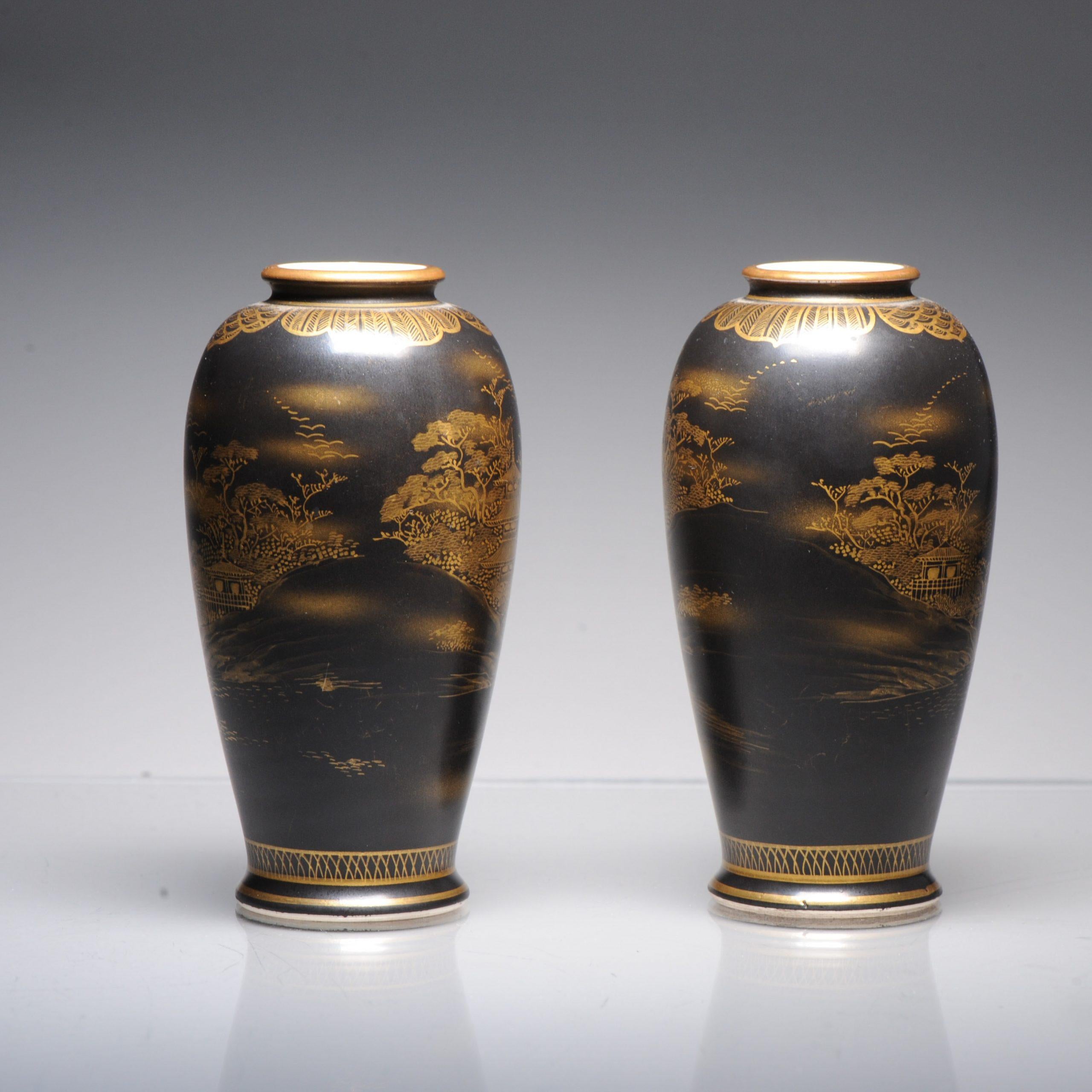 Antique Pair 19C Japanese Satsuma High Quality Black Vases Landscape Uchida For Sale 8