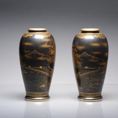 Antique Pair 19C Japanese Satsuma High Quality Black Vases Landscape Uchida