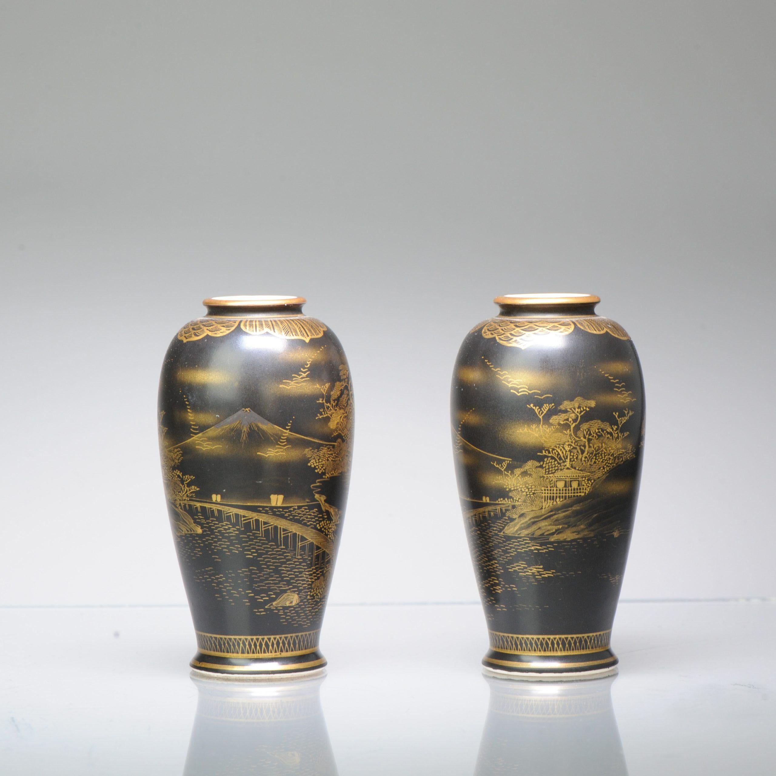 Meiji Antique Pair 19C Japanese Satsuma High Quality Black Vases Landscape Uchida For Sale