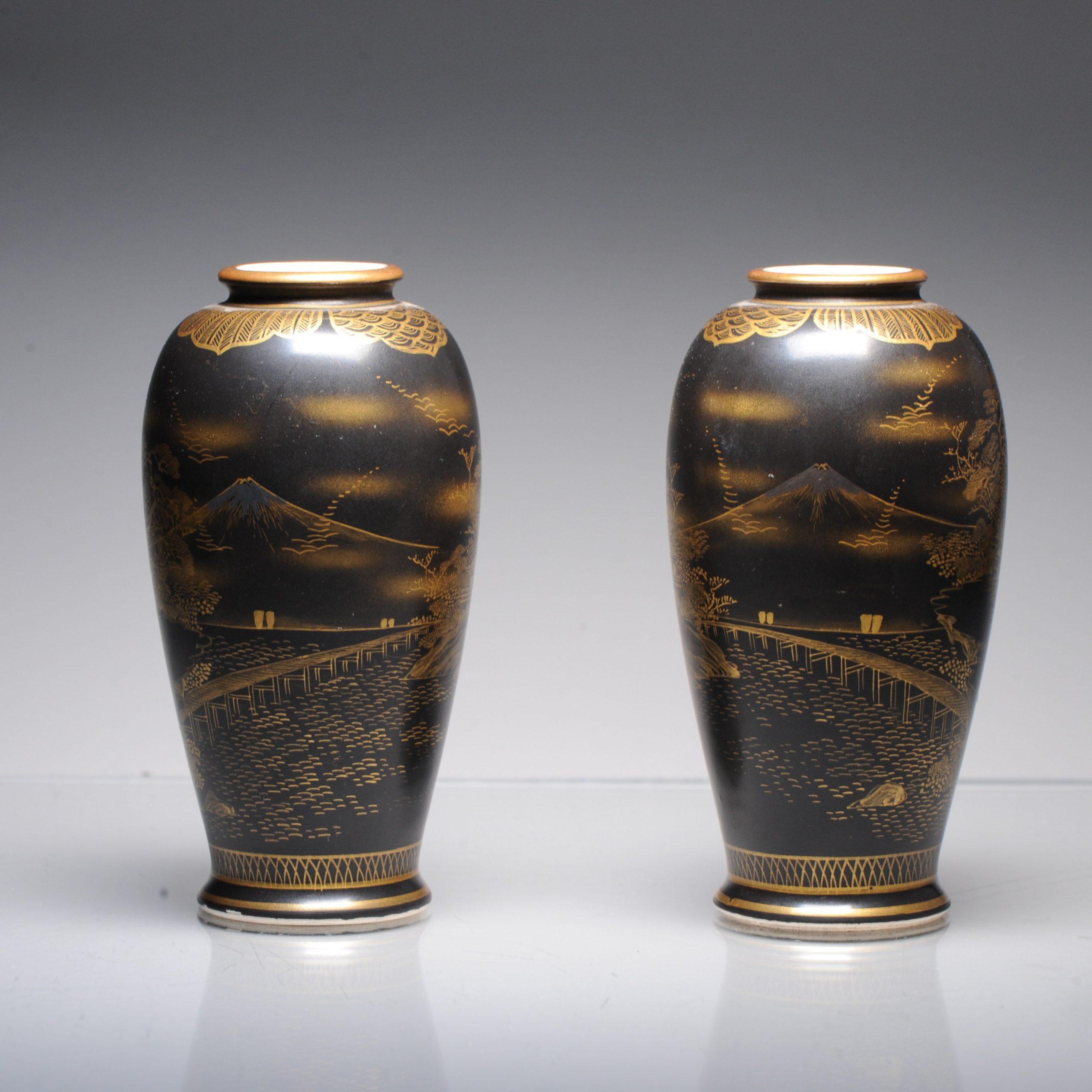 19th Century Antique Pair 19C Japanese Satsuma High Quality Black Vases Landscape Uchida For Sale