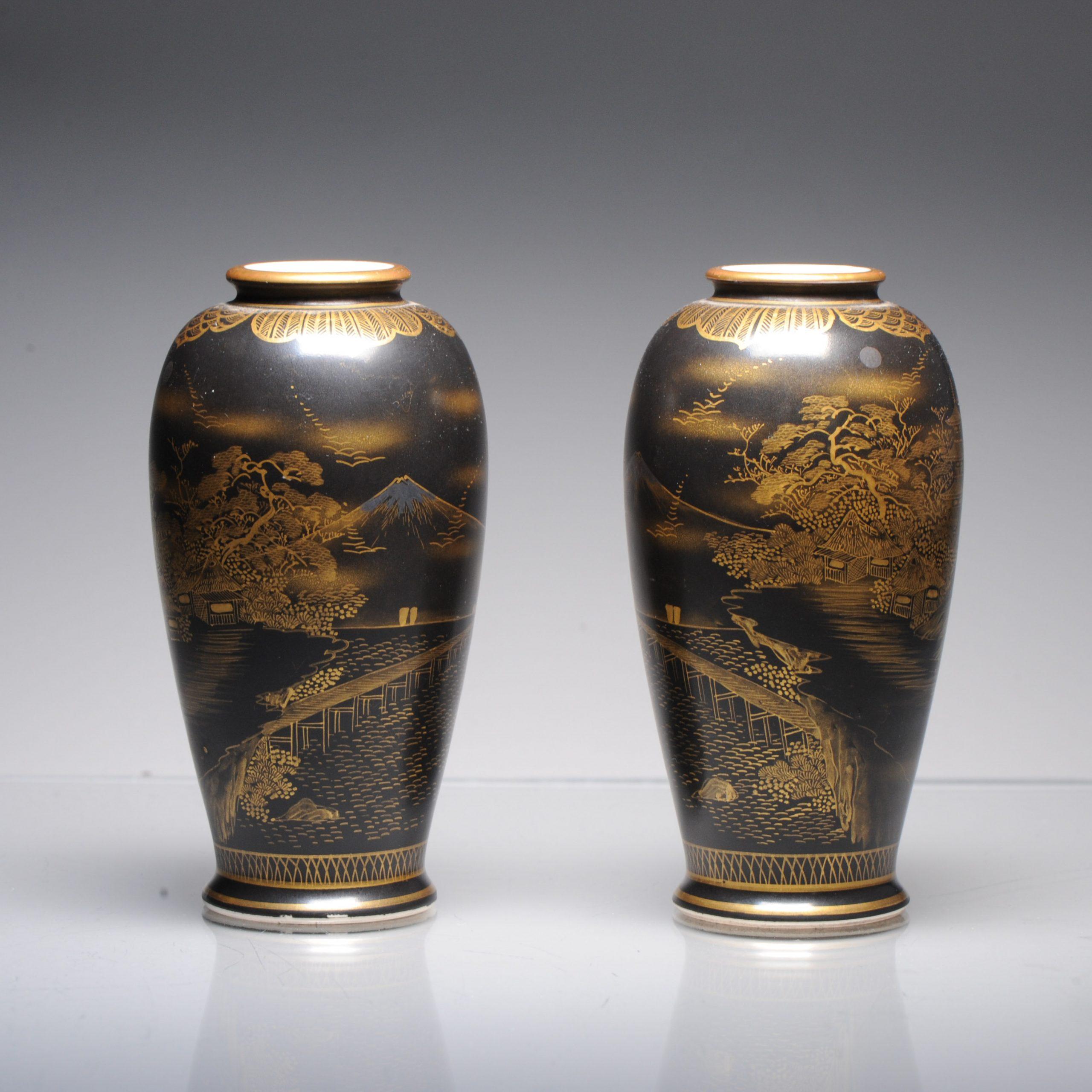 Porcelain Antique Pair 19C Japanese Satsuma High Quality Black Vases Landscape Uchida For Sale