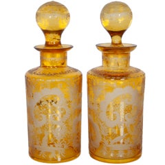 Antique Pair 19th Century Etched Bohemian Amber Glass Wine Liquor Decanters 1880