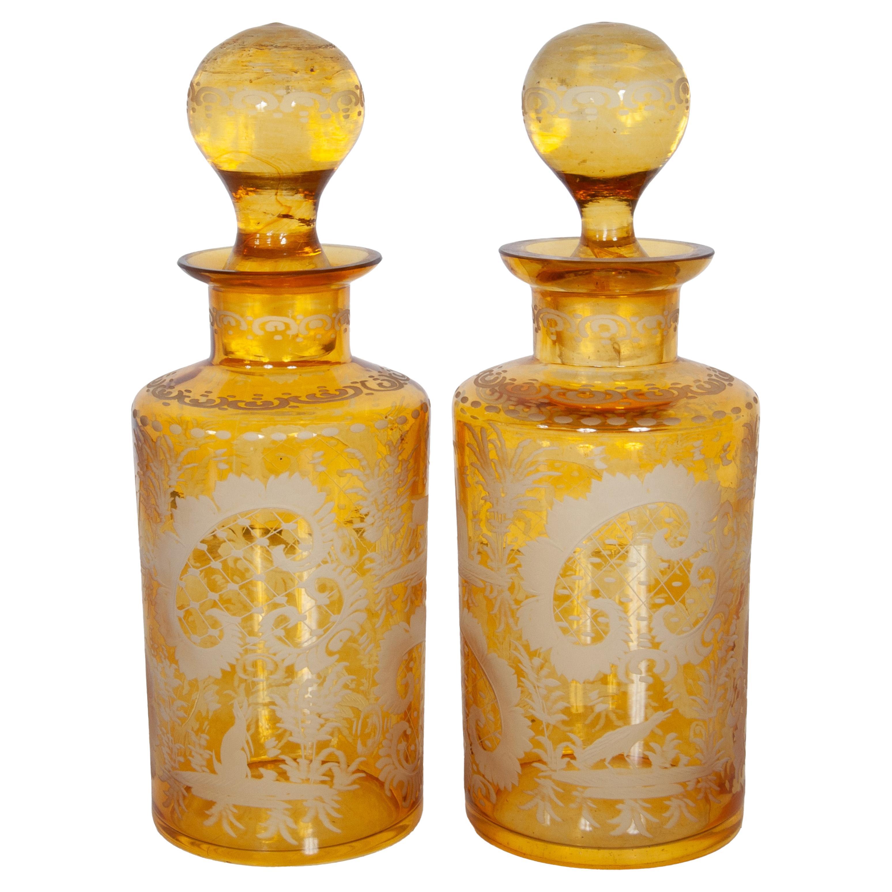 Antique Pair 19th Century Etched Bohemian Amber Glass Wine Liquor Decanters 1880 For Sale