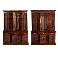Antique Pair 19th Century Mahogany Bibliotheque Library Bookcase Cabinets, 1880
