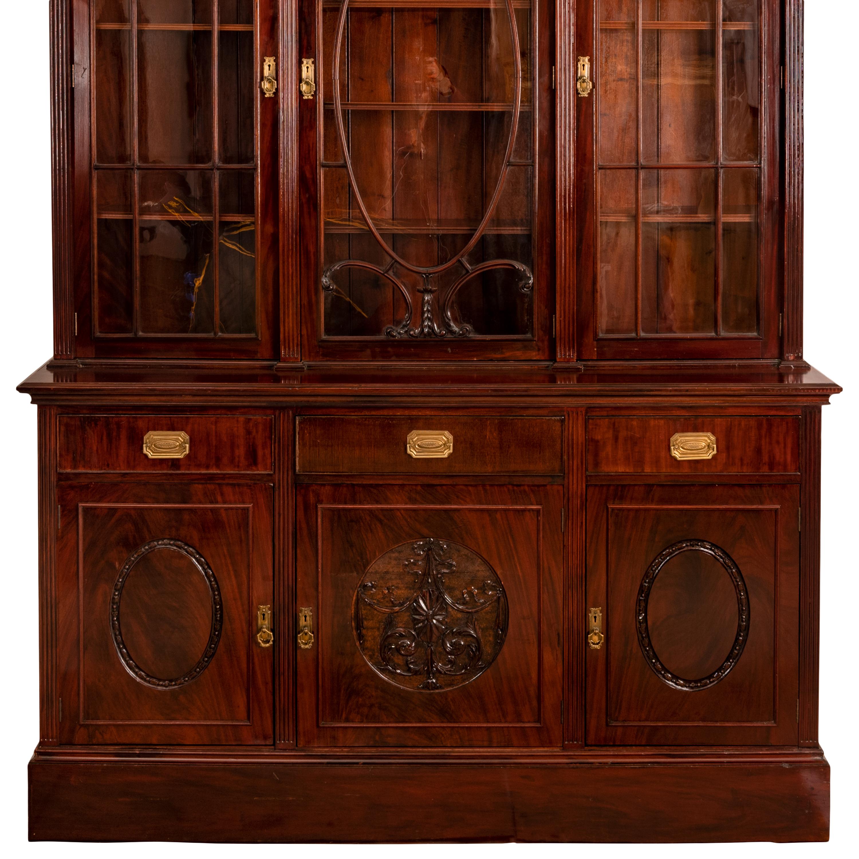 English Antique Pair 19th Century Mahogany Bibliotheque Library Bookcase Cabinets, 1880