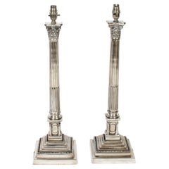 Antique Pair Silver Plated Corinthian Column Table Lamps, 1910s