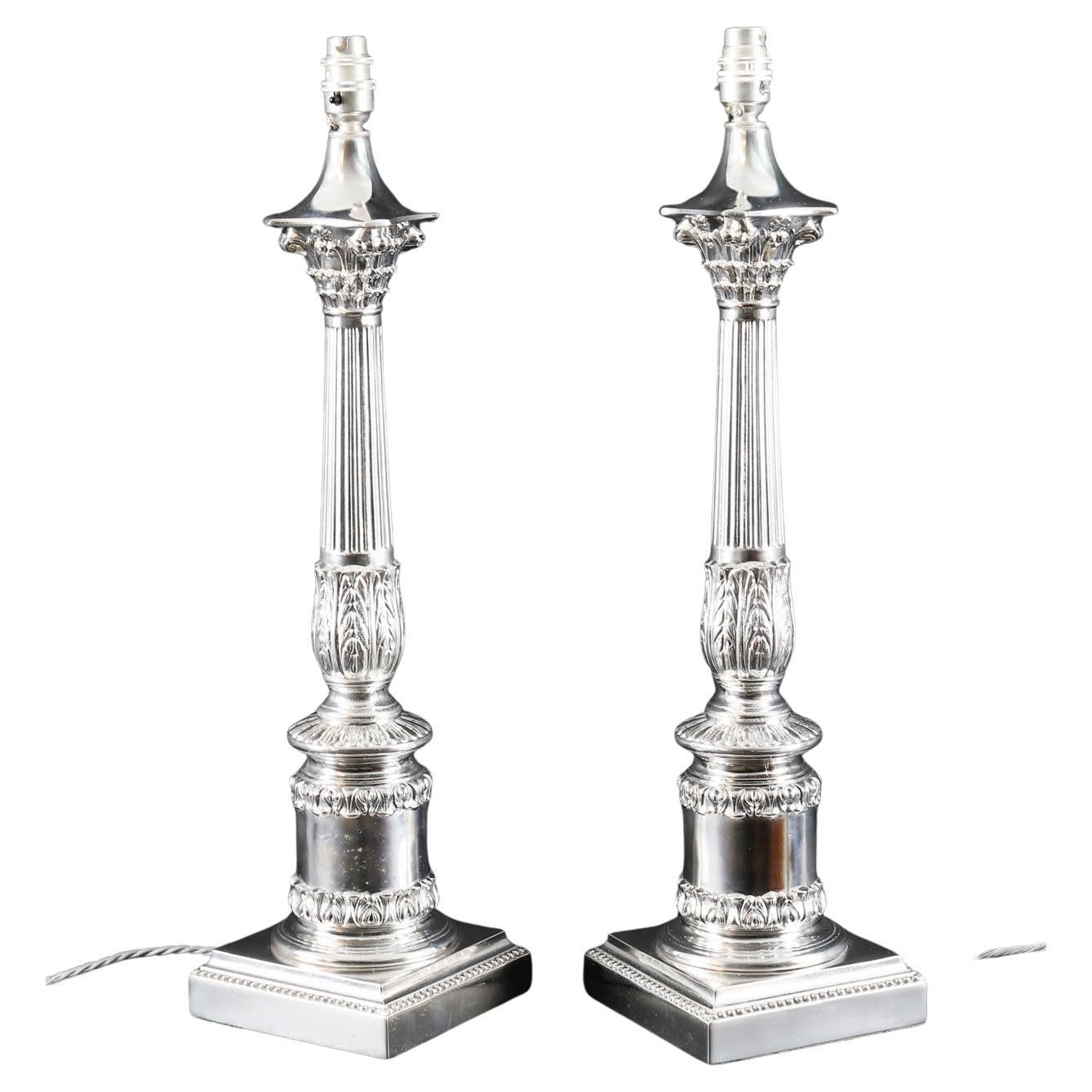 Antique Pair 2ft Silver Plated Corinthian Column Table Lamps 20th Century