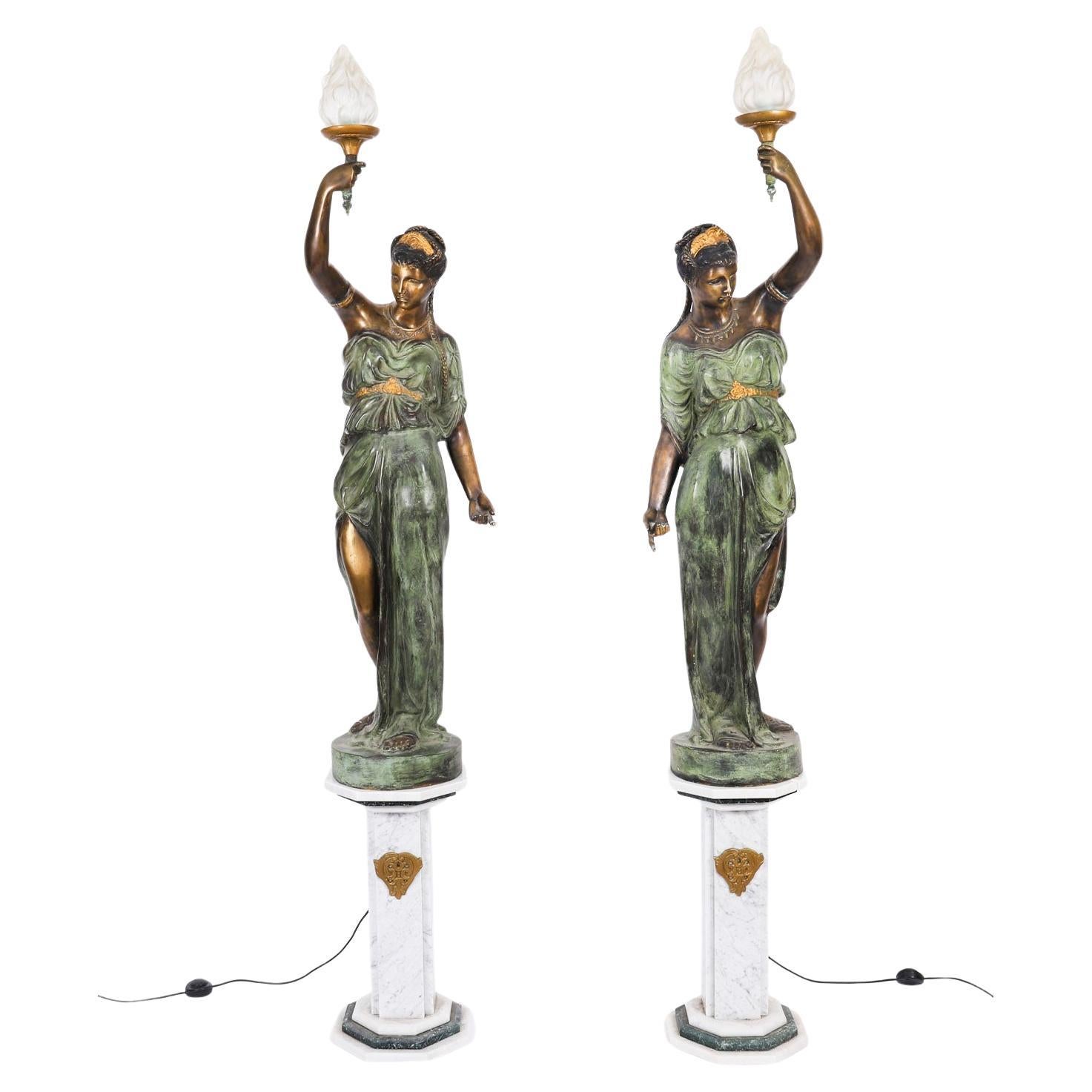 Antique Pair 7ft Bronze Libertas Figural Torcheres Lamps F. De Luca 20th Century