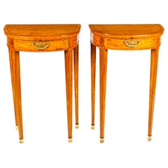 Antique Pair Adam Revival Demilune Satinwood Side Console Tables, 19th Century