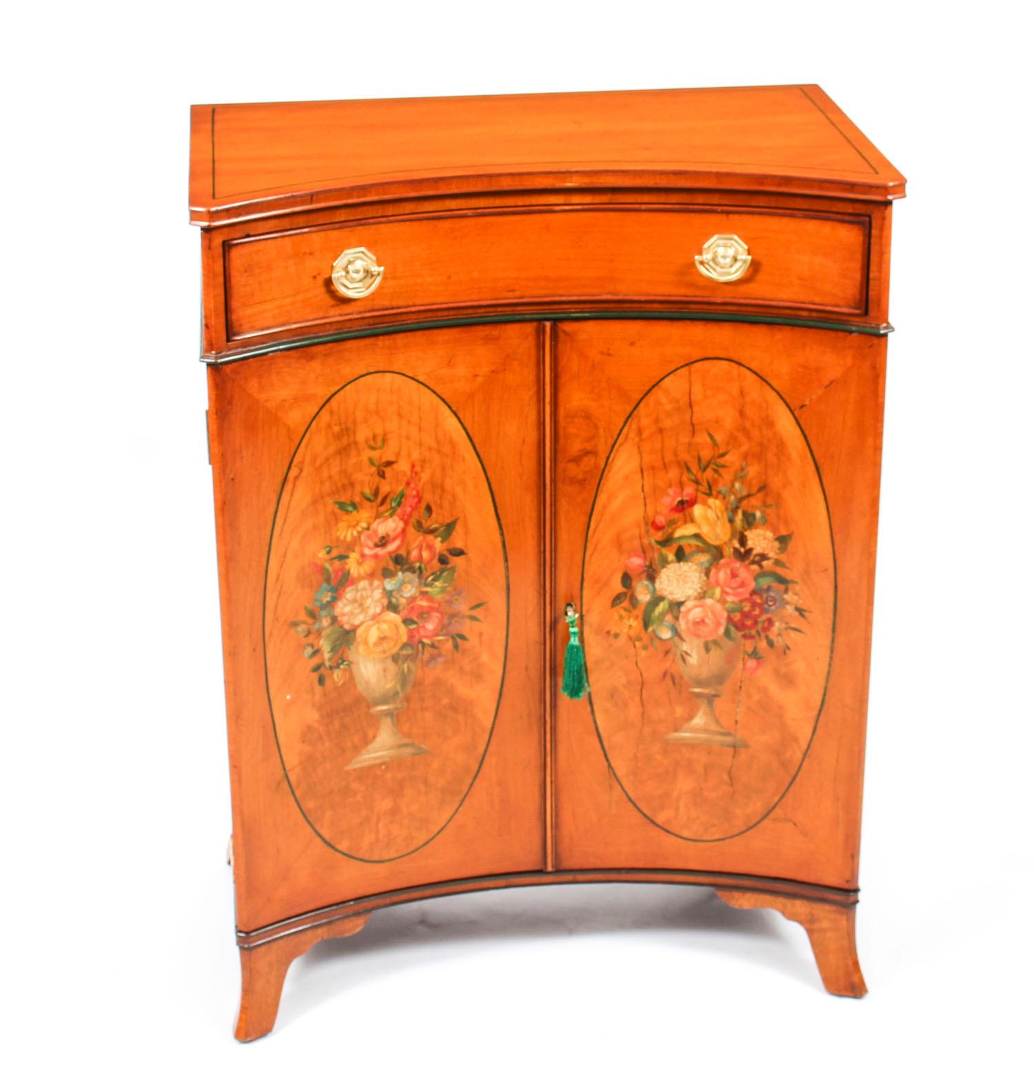 Hand-Painted Antique Pair of Adam Revival Satinwood Side Cabinets Commodes, 19th Century