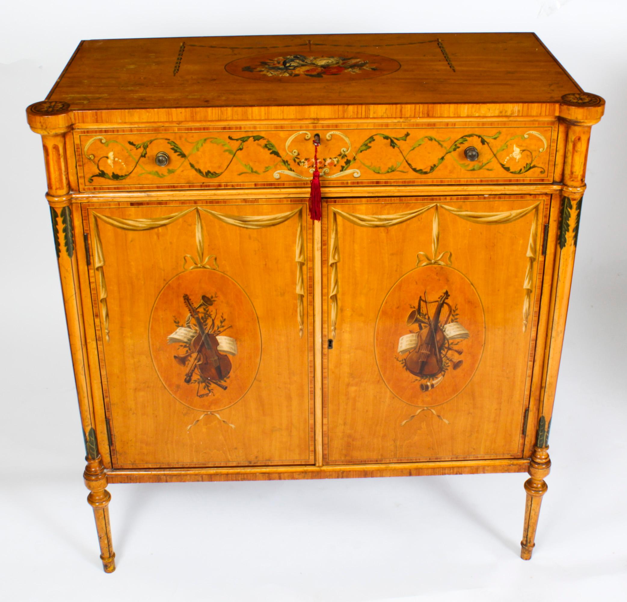 Antique Pair Adam Revival Satinwood Side Cabinets Commodes 19th C In Good Condition For Sale In London, GB