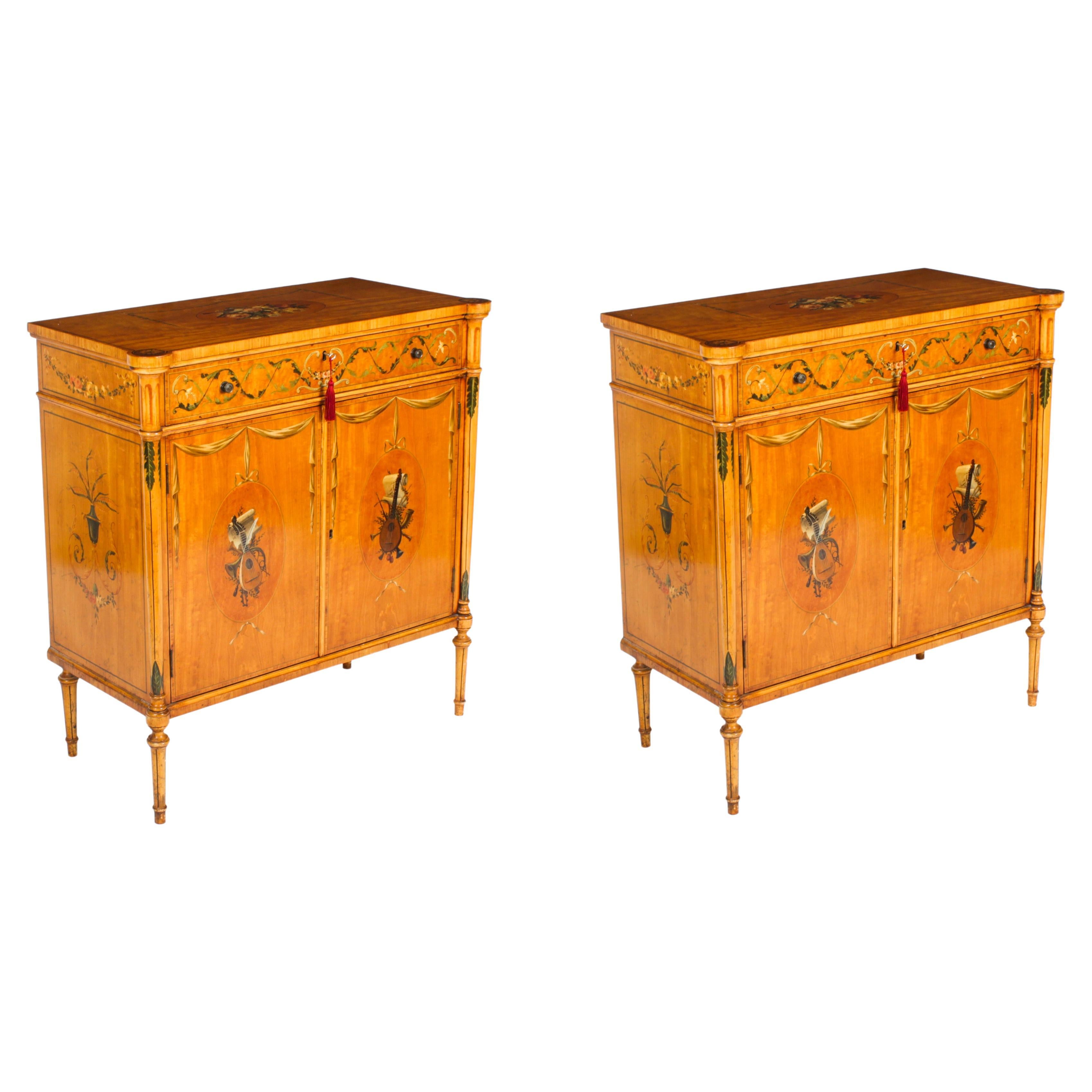 Antique Pair Adam Revival Satinwood Side Cabinets Commodes 19th C For Sale