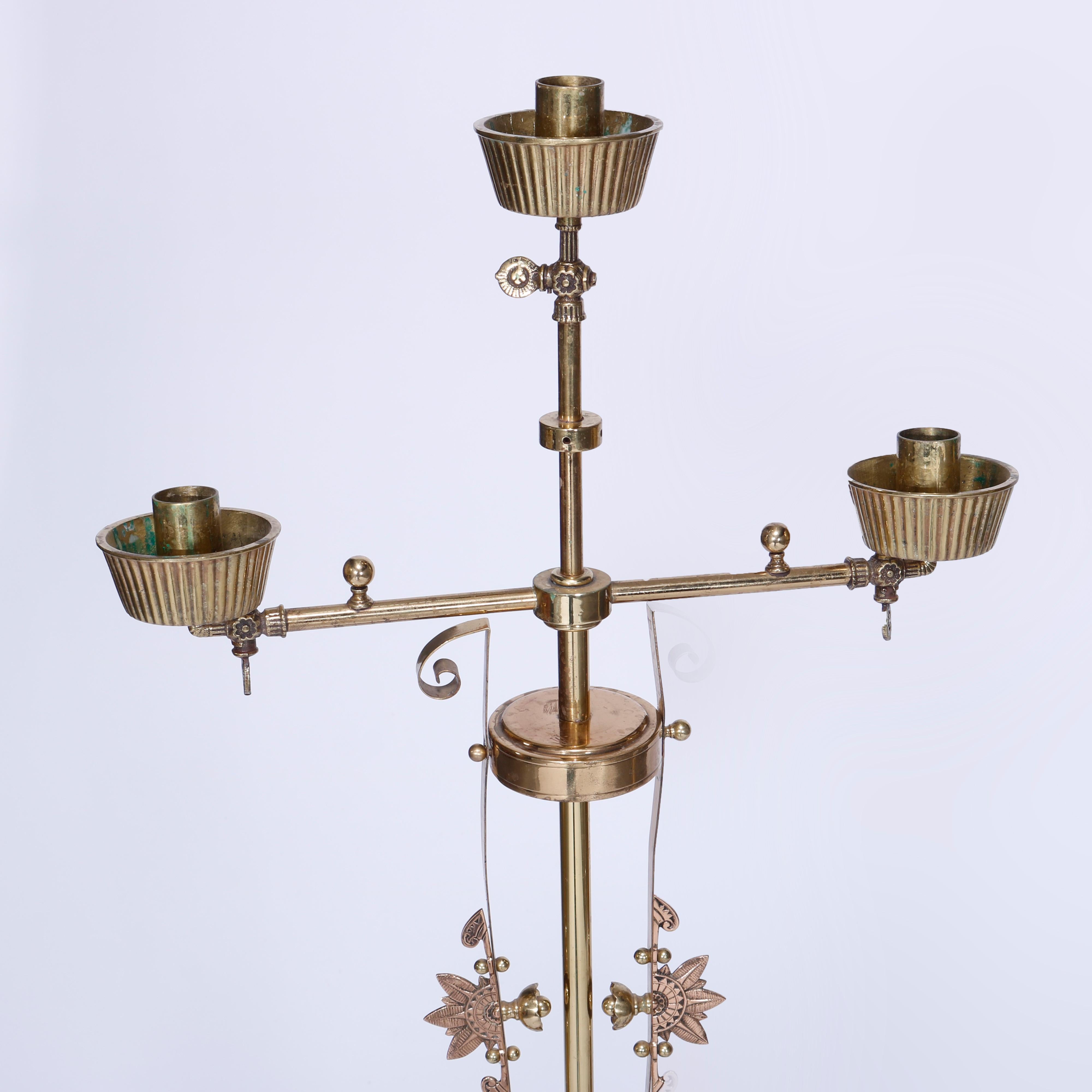 Aesthetic Movement Antique Pair Aesthetic Brass & Mahogany Newell Post Candelabra Lights, C1870 For Sale