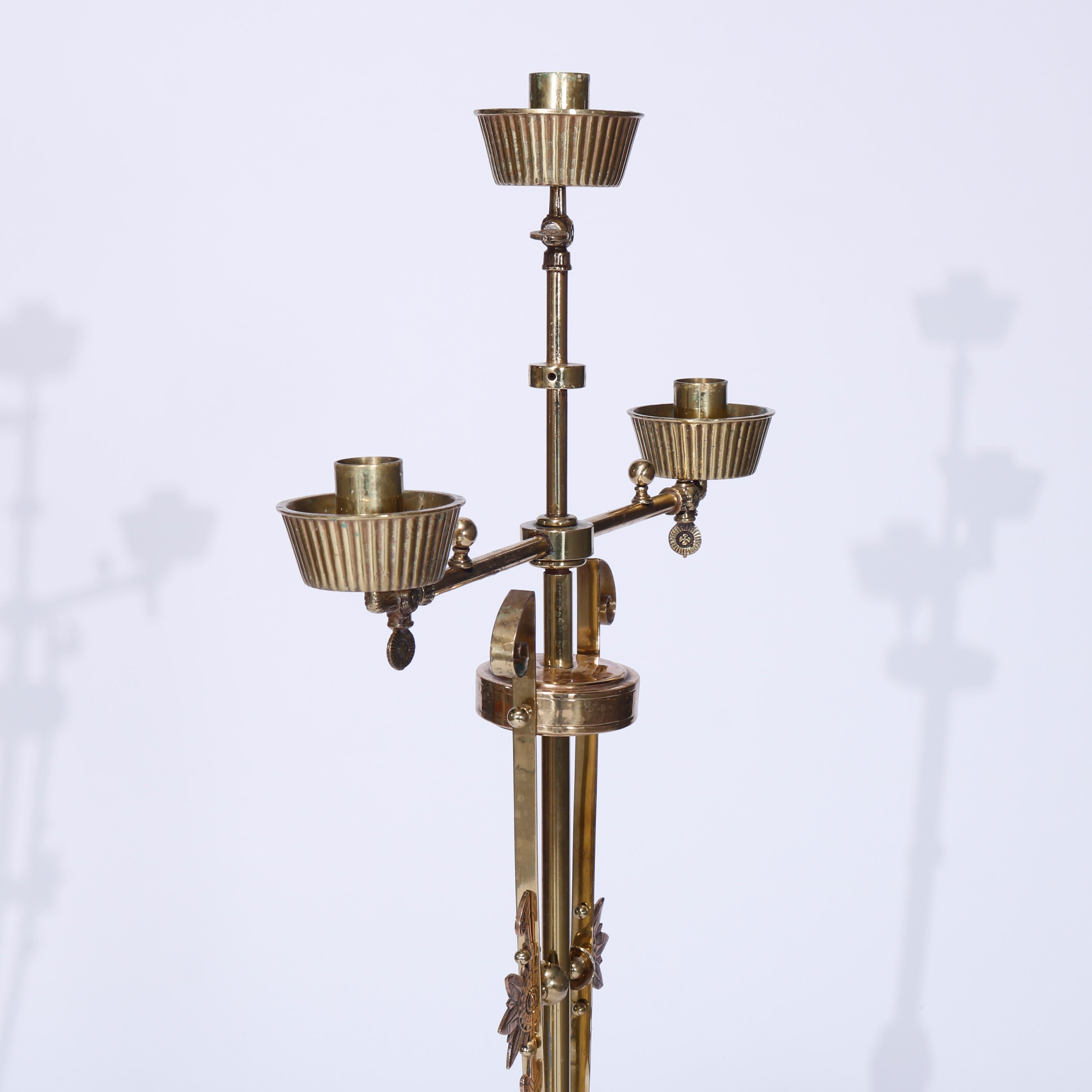 Antique Pair Aesthetic Brass & Mahogany Newell Post Candelabra Lights, C1870 In Good Condition For Sale In Big Flats, NY