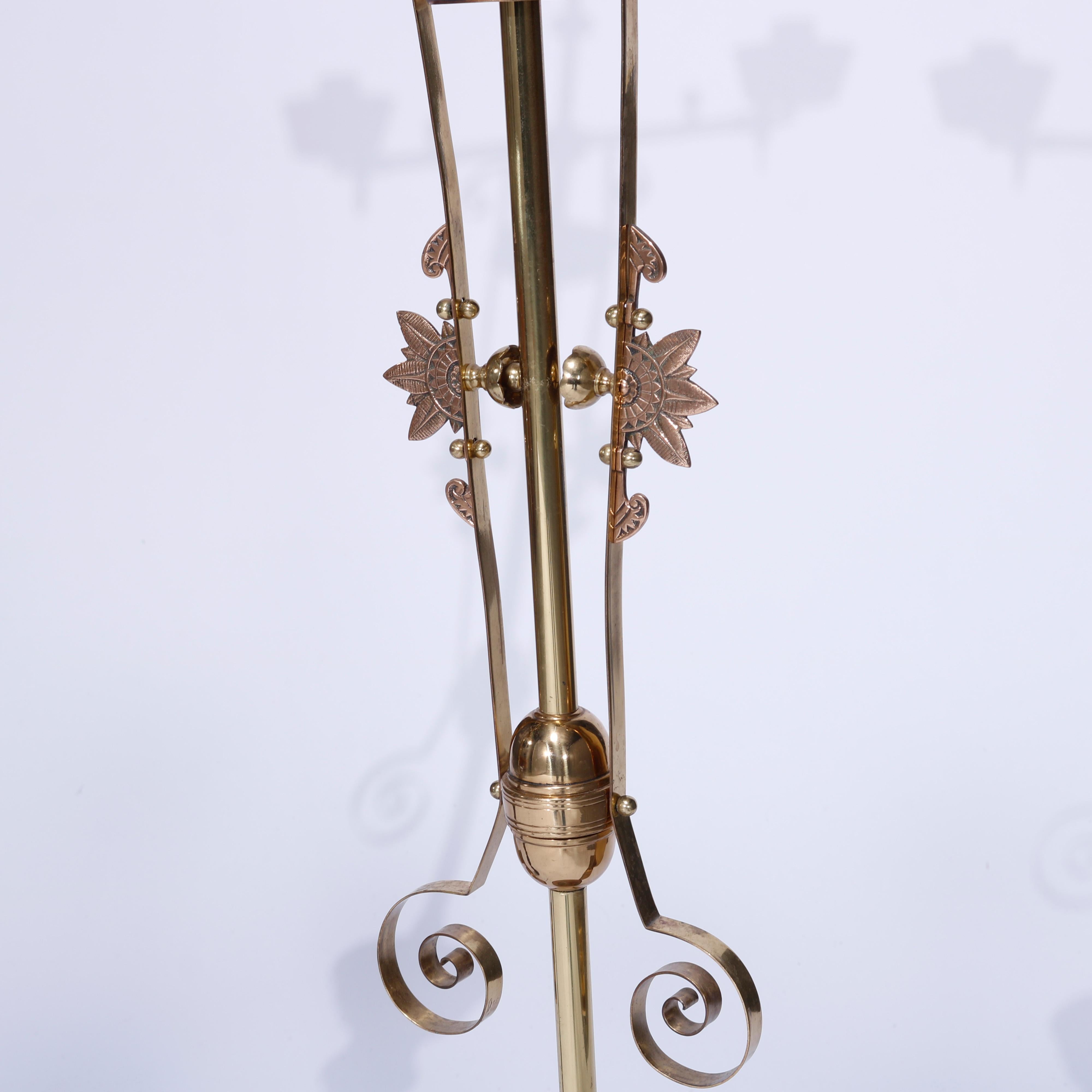 19th Century Antique Pair Aesthetic Brass & Mahogany Newell Post Candelabra Lights, C1870 For Sale