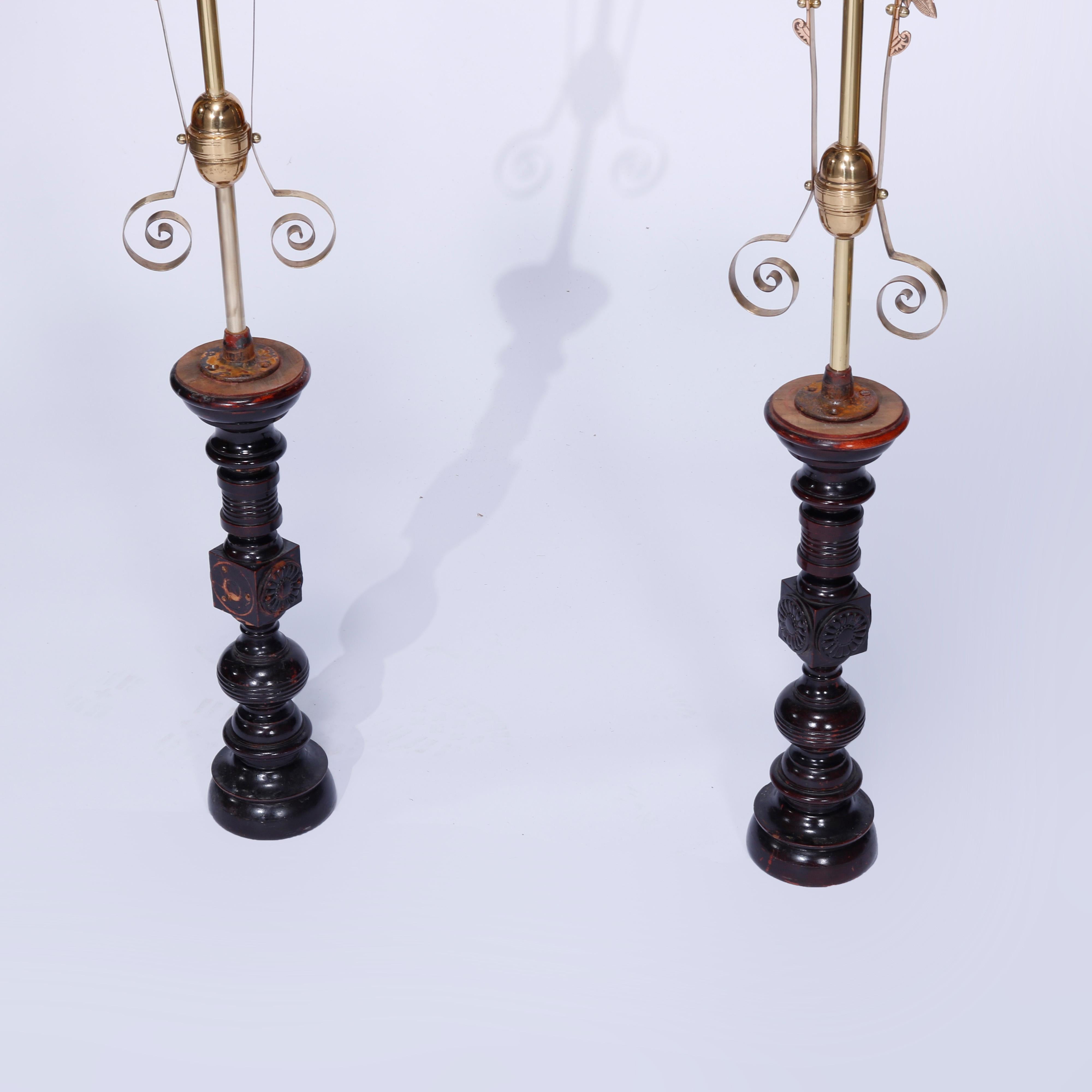 Antique Pair Aesthetic Brass & Mahogany Newell Post Candelabra Lights, C1870 For Sale 2