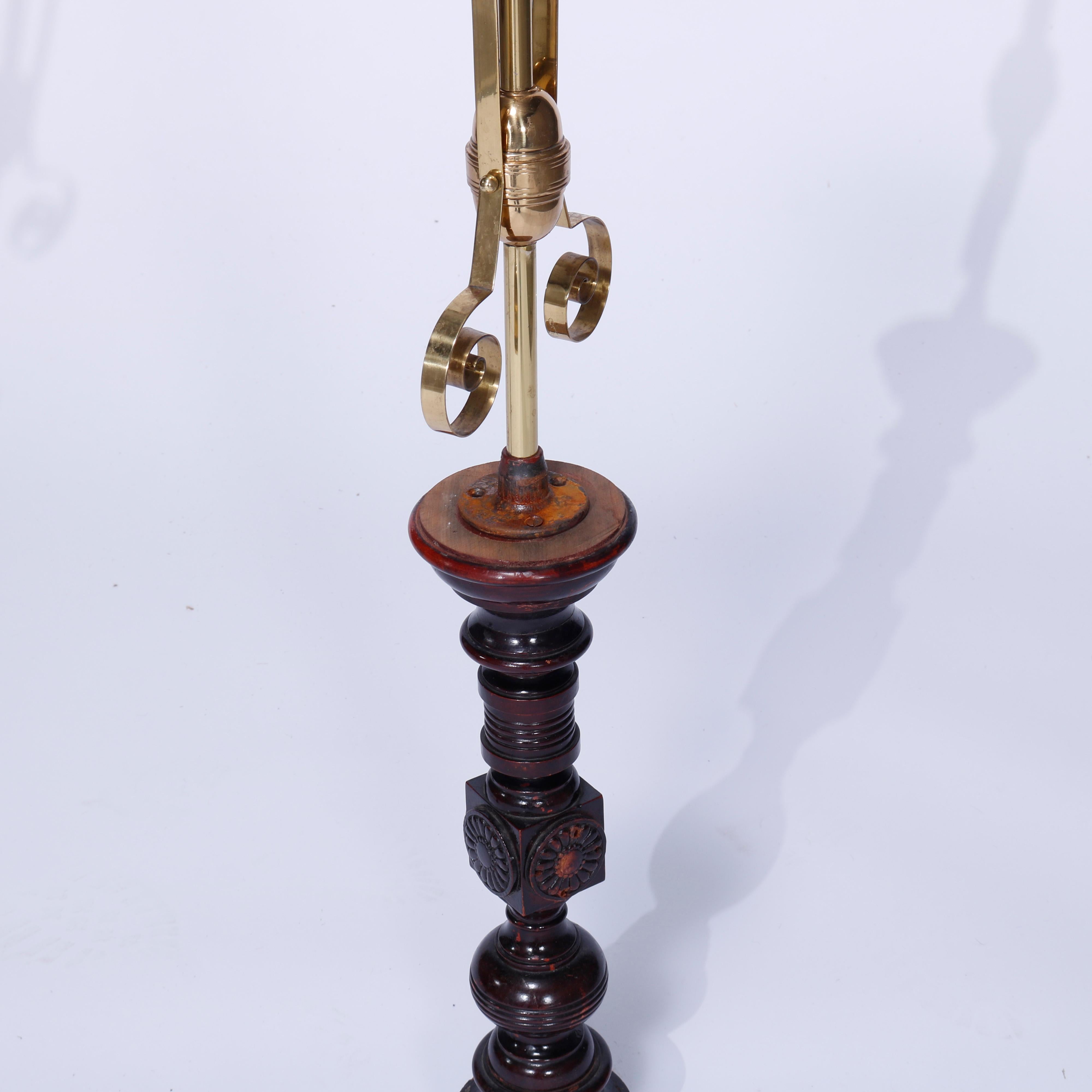 Antique Pair Aesthetic Brass & Mahogany Newell Post Candelabra Lights, C1870 For Sale 4