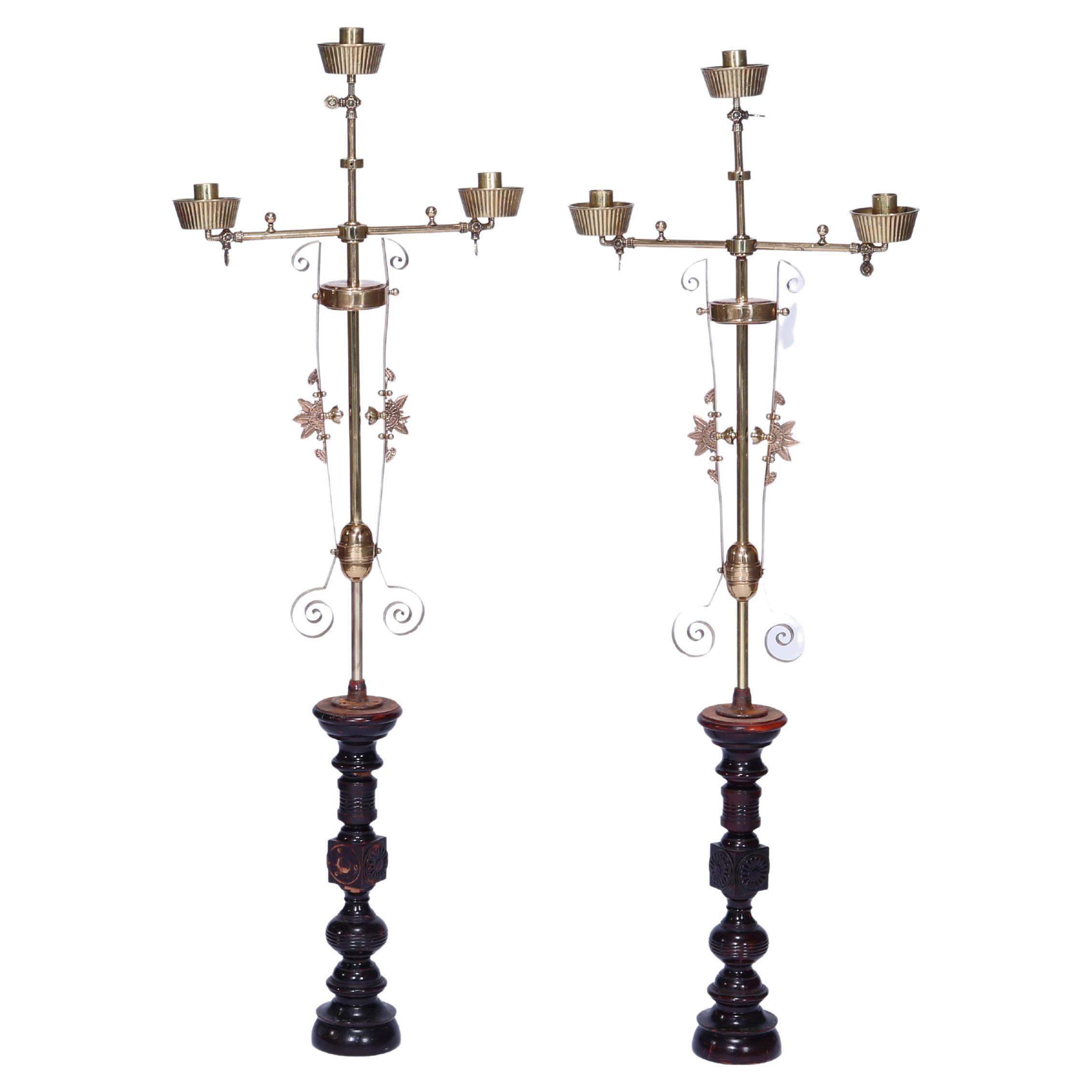 Antique Pair Aesthetic Brass & Mahogany Newell Post Candelabra Lights, C1870 For Sale