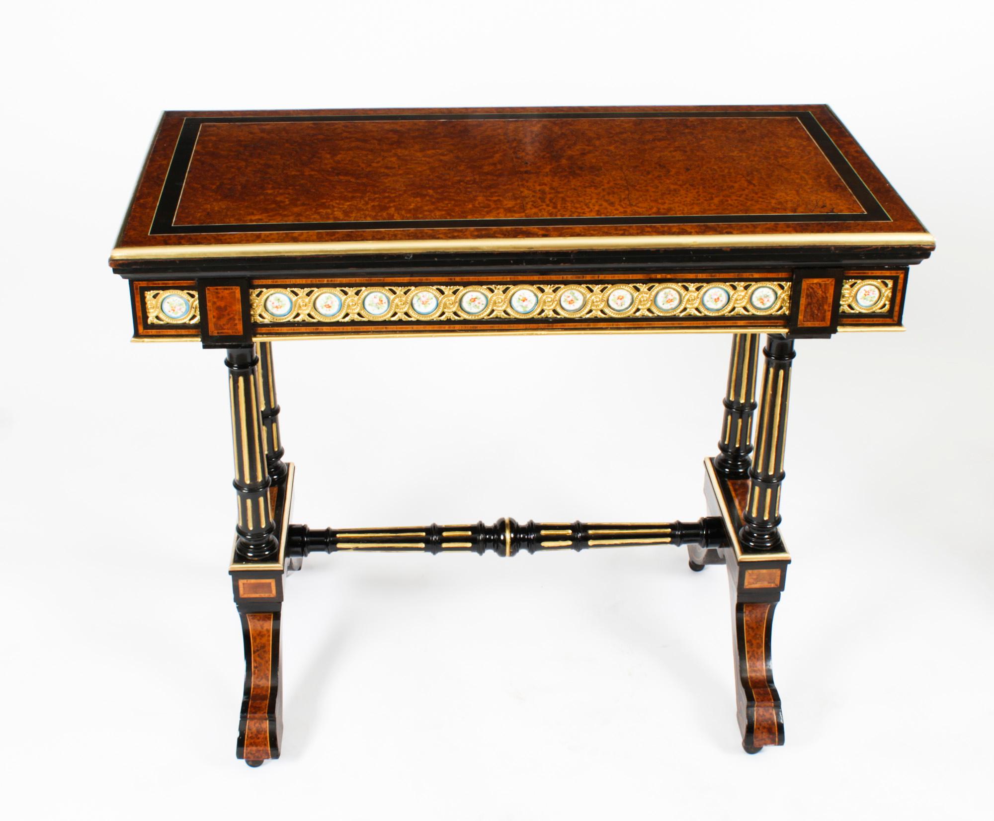 French Antique Pair Amboyna Card Console Tables With Porcelain Plaques 19th Century For Sale