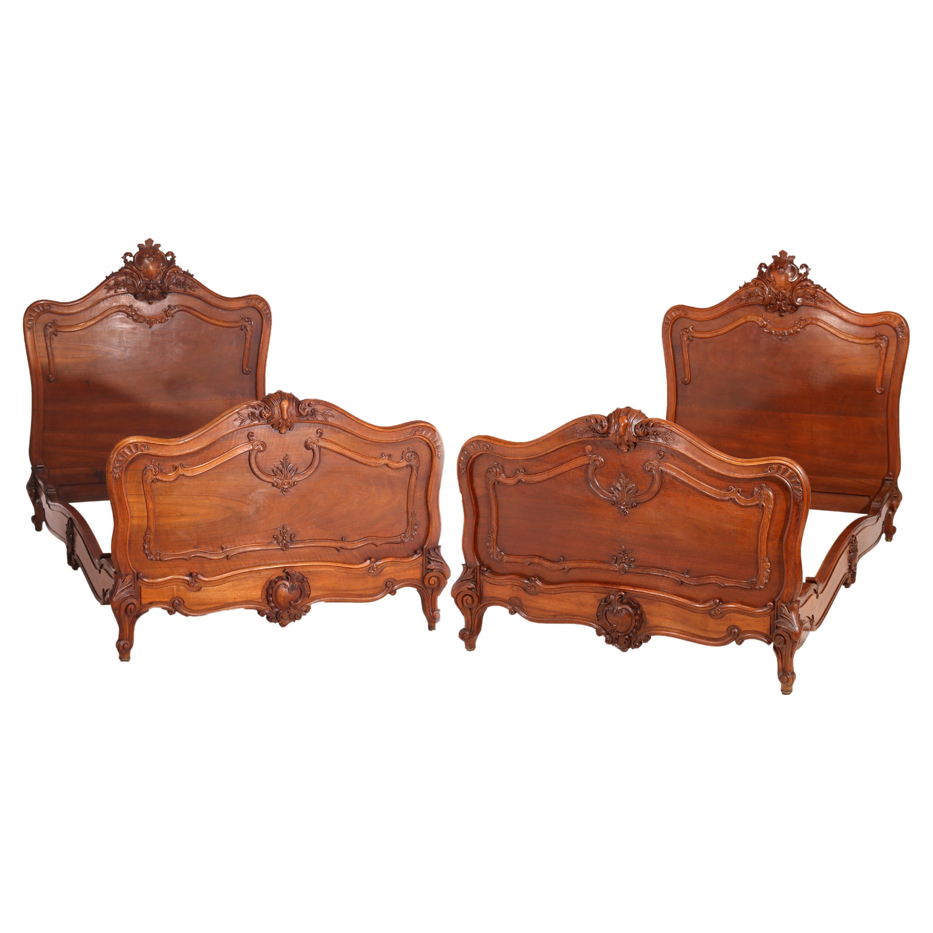 Antique Pair Antique French Rococo Carved Mahogany Twin Beds, 19th Century