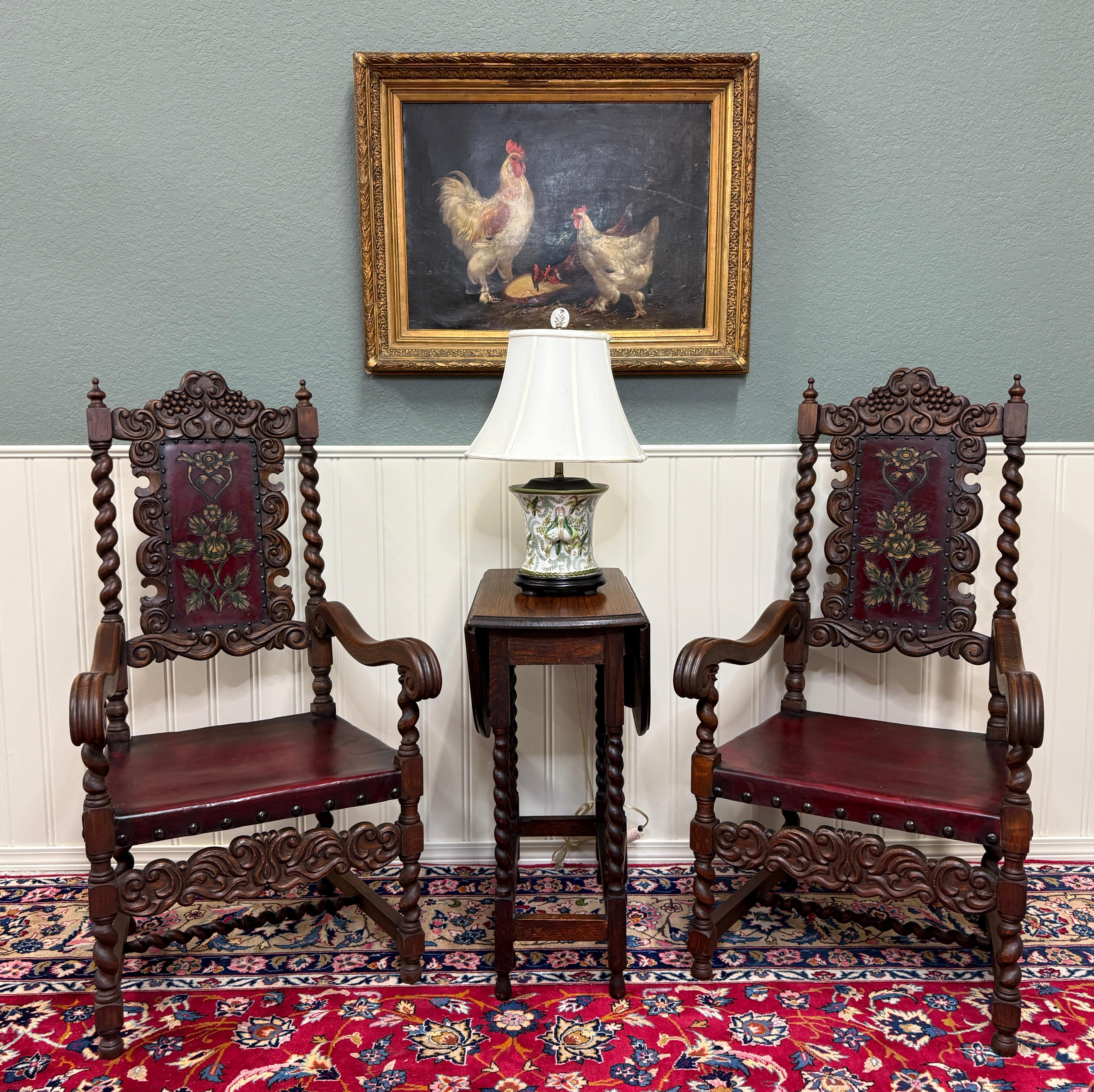 STUNNING Antique French PAIR Louis XIII Oak Tooled Leather Barley Twist Armchairs Throne Chairs Fireside Chairs~~c. 1920s

Klassischer französischer Charme und Stil~~Schönes Paar mit Gerstenkornbeinen und geprägter Lederrückenlehne

Vielseitige