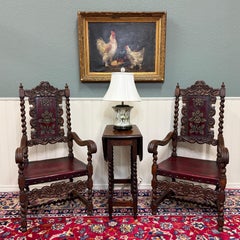 Antique PAIR Arm Chairs Louis XIII Tooled Red Leather Barley Twist Throne c.1900