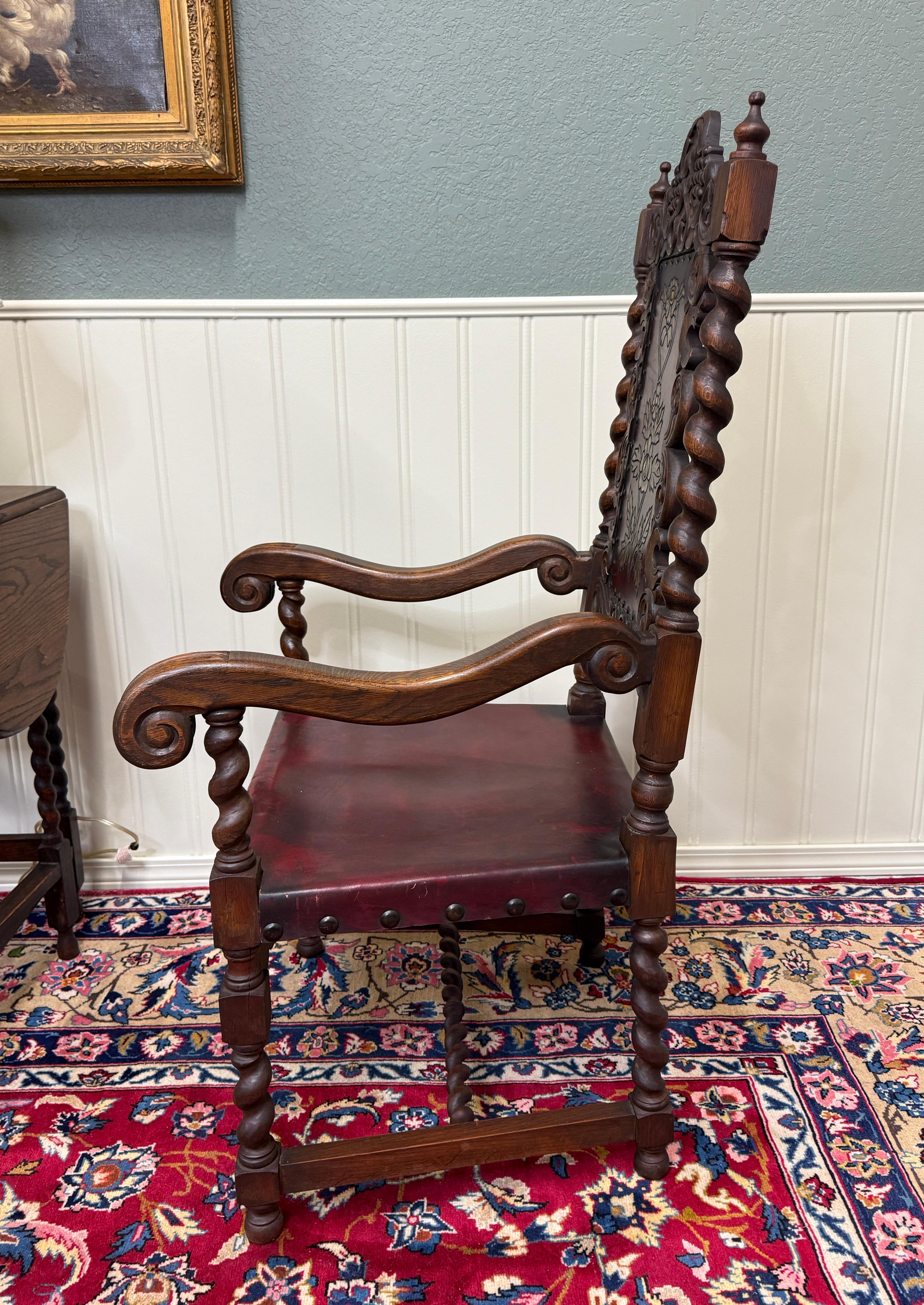 Antike PAIR-Sessel, Louis XIII.-Stil, Barley Twist- Thronsessel aus rotem Leder, Barley Twist, um 1900, Barley Twist im Angebot 1