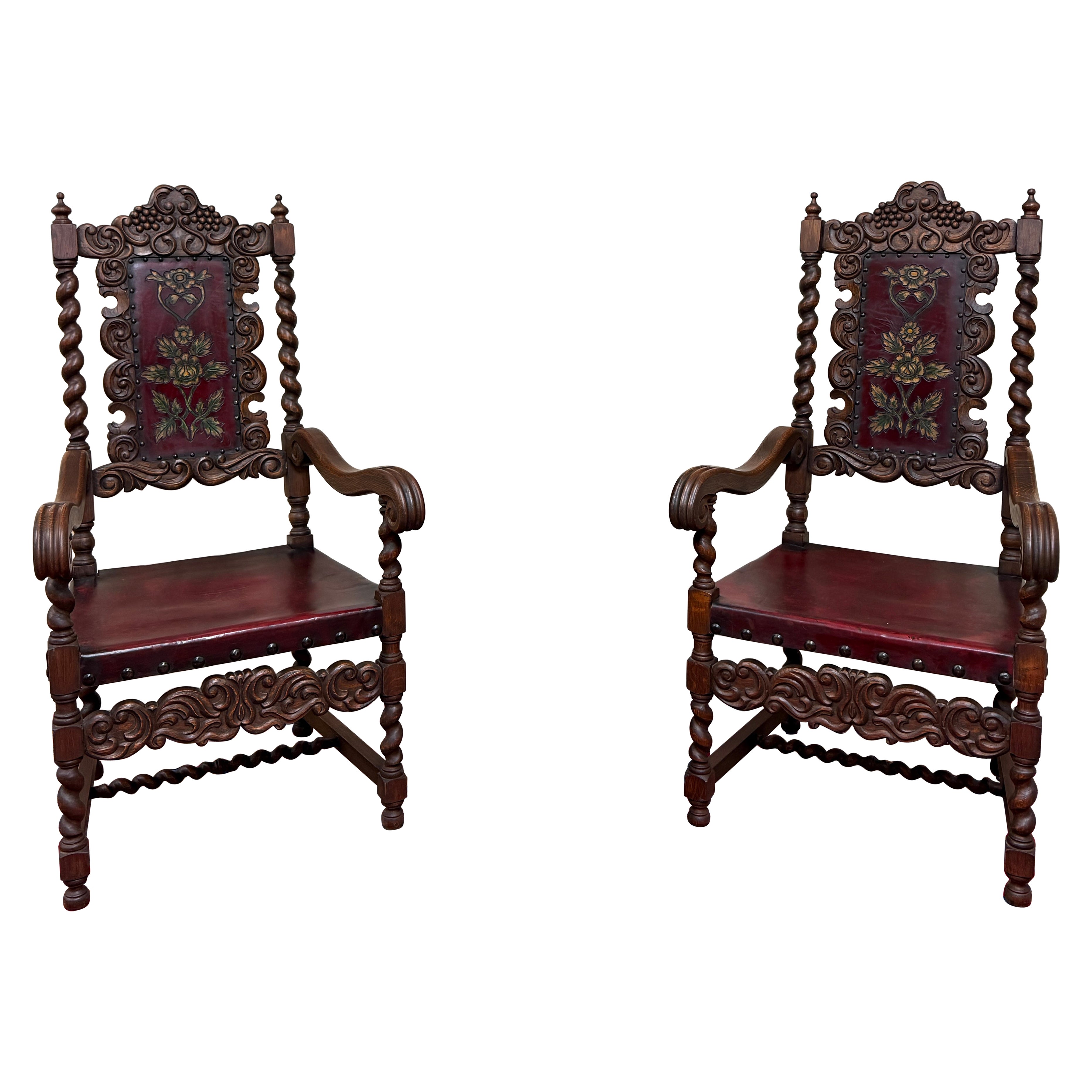 Antique PAIR Arm Chairs Louis XIII Tooled Red Leather Barley Twist Throne c.1900