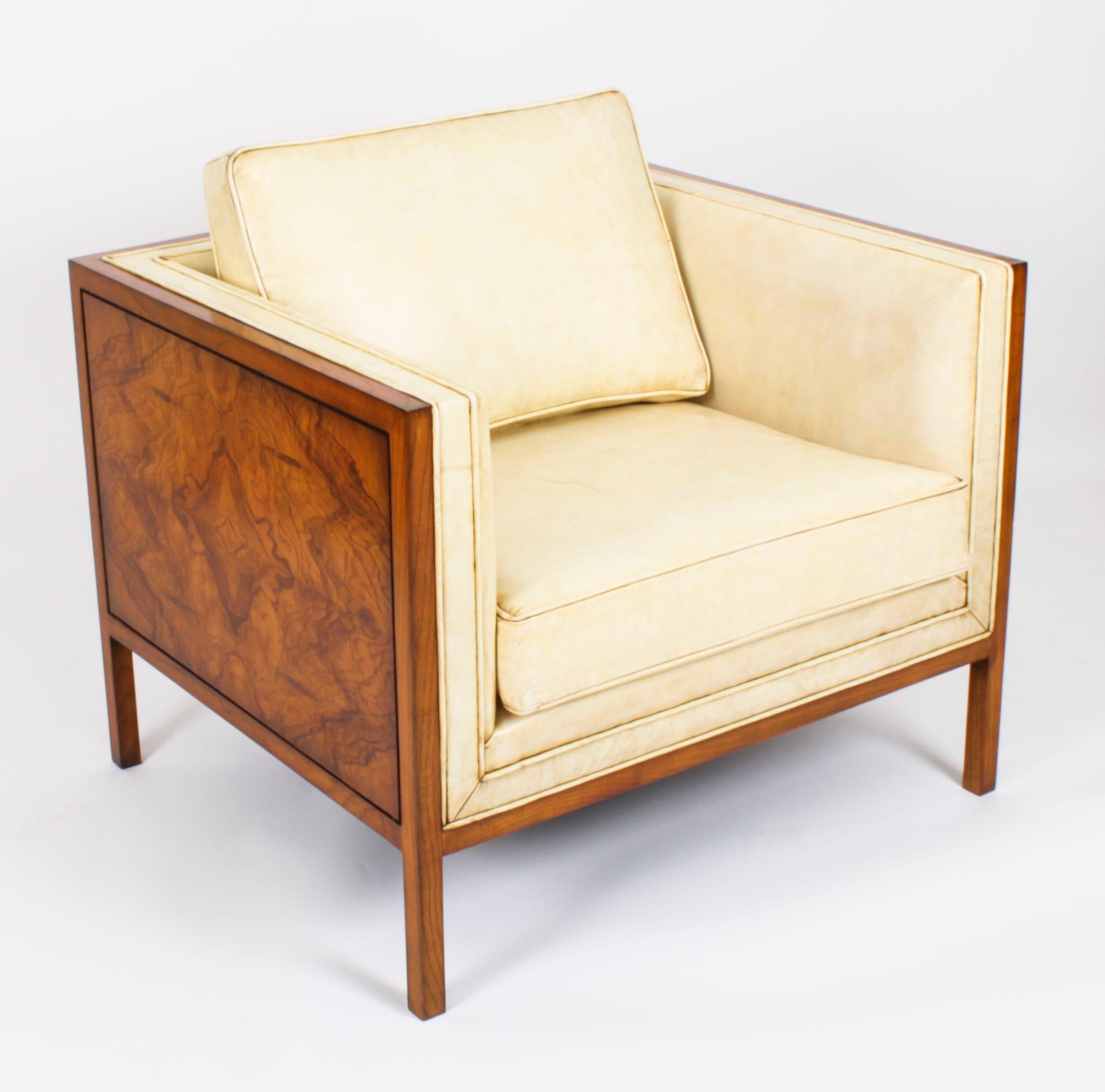 Antikes Paar Art-Déco-Sessel aus Wurzelnussholz und cremefarbenem Leder, um 1920 im Angebot 5