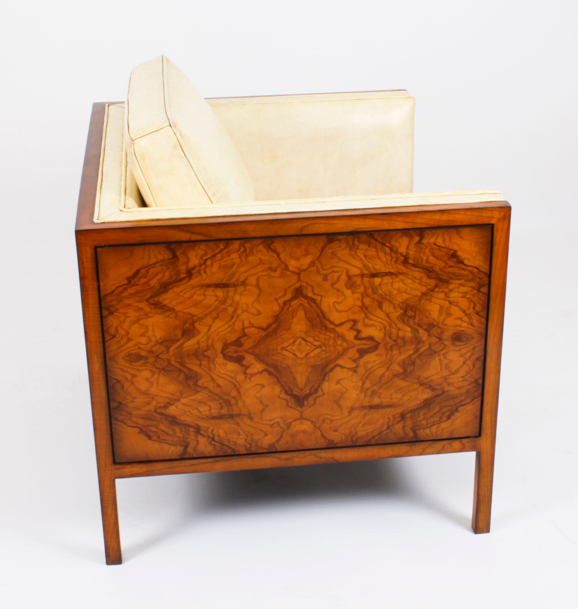 Antikes Paar Art-Déco-Sessel aus Wurzelnussholz und cremefarbenem Leder, um 1920 im Angebot 7