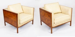 Antique Pair Art Deco Burr Walnut & Cream Leather Armchairs Circa 1920