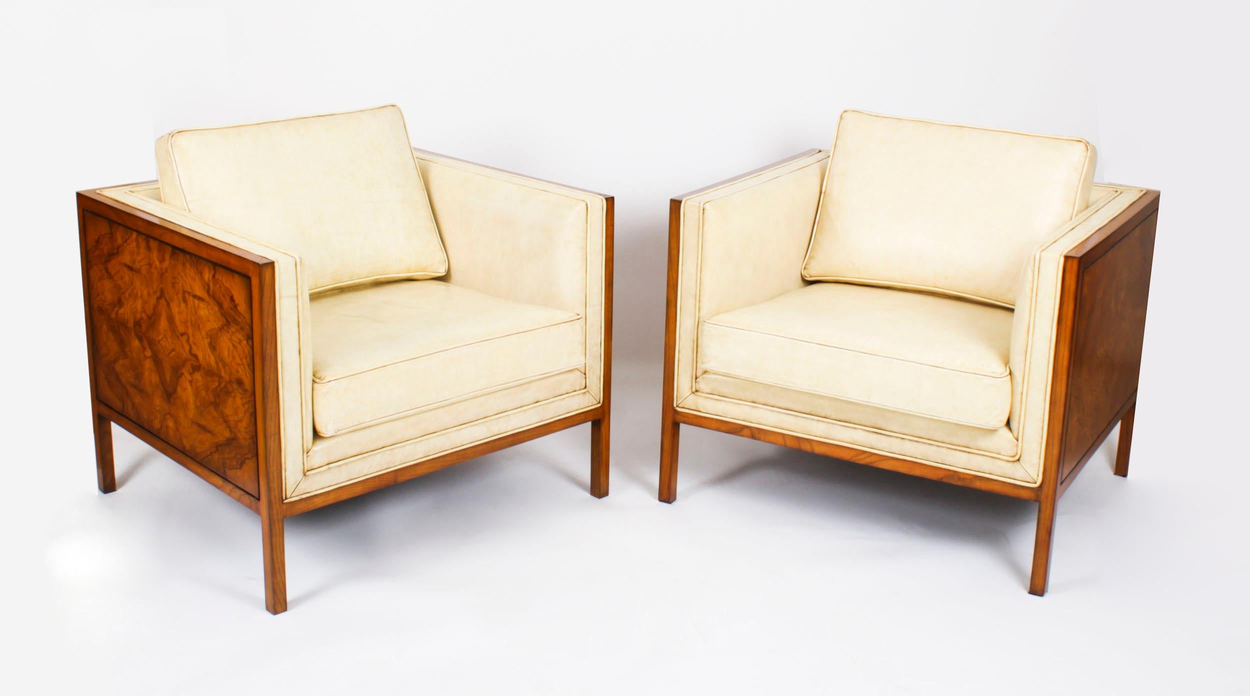 Antikes Paar Art-Déco-Sessel aus Wurzelnussholz und cremefarbenem Leder, um 1920 im Angebot 13