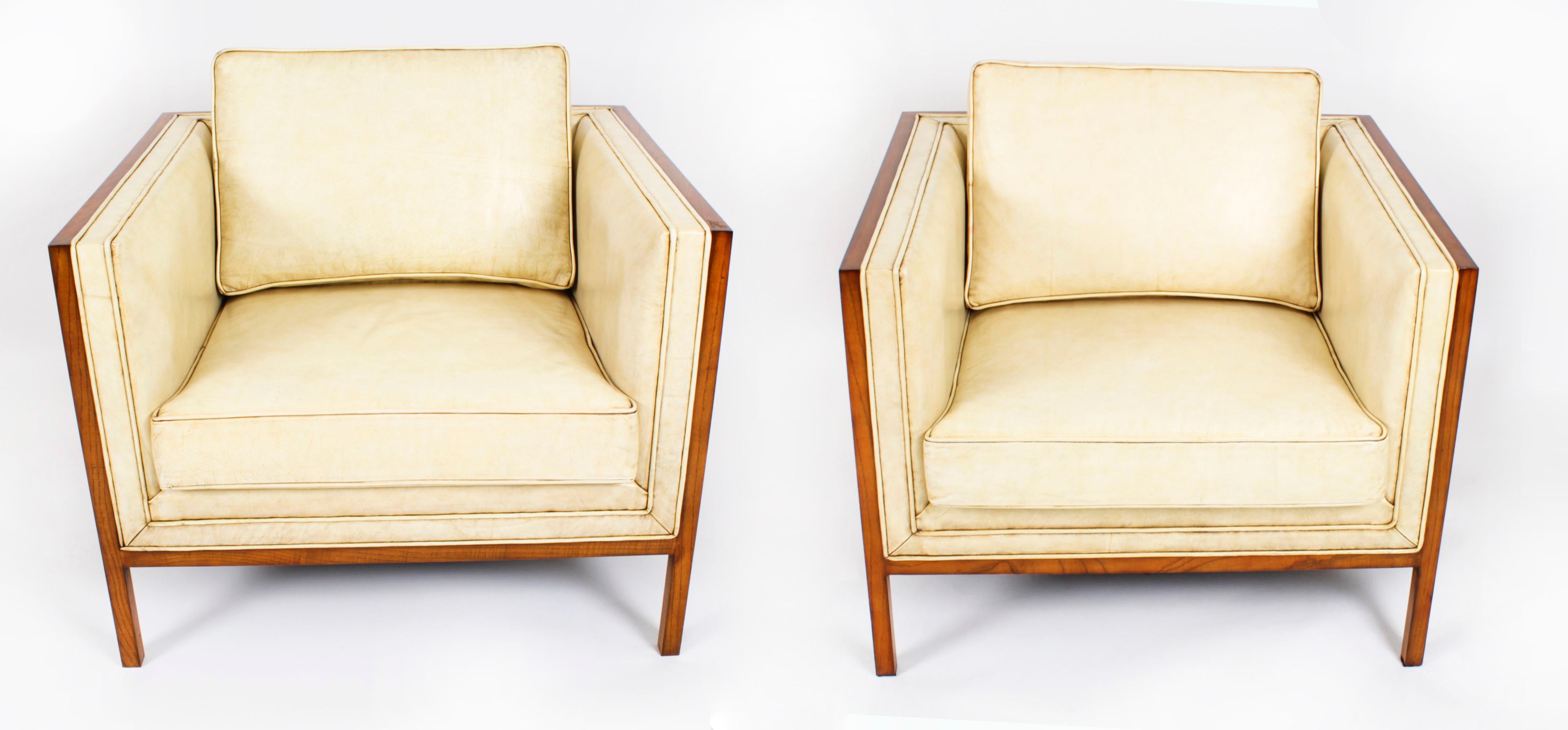 French Antique Pair Art Deco Burr Walnut & Cream Leather Armchairs Circa 1920 For Sale