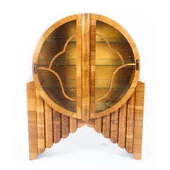 Antique Pair Art Deco Burr Walnut Rocket Display Cabinets, 1920s