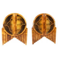 Antique Pair Art Deco Burr Walnut Rocket Display Cabinets, 1920s