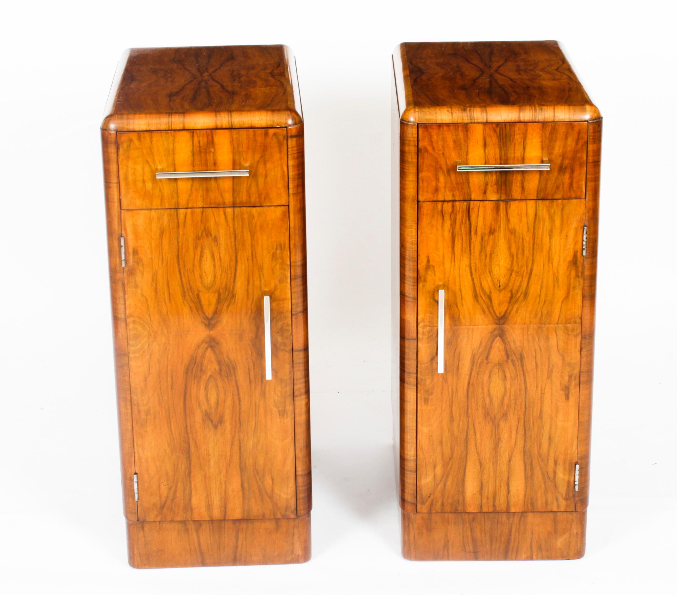 Antique Pair Art Deco Figured Walnut Bedside Cabinets 1920 7