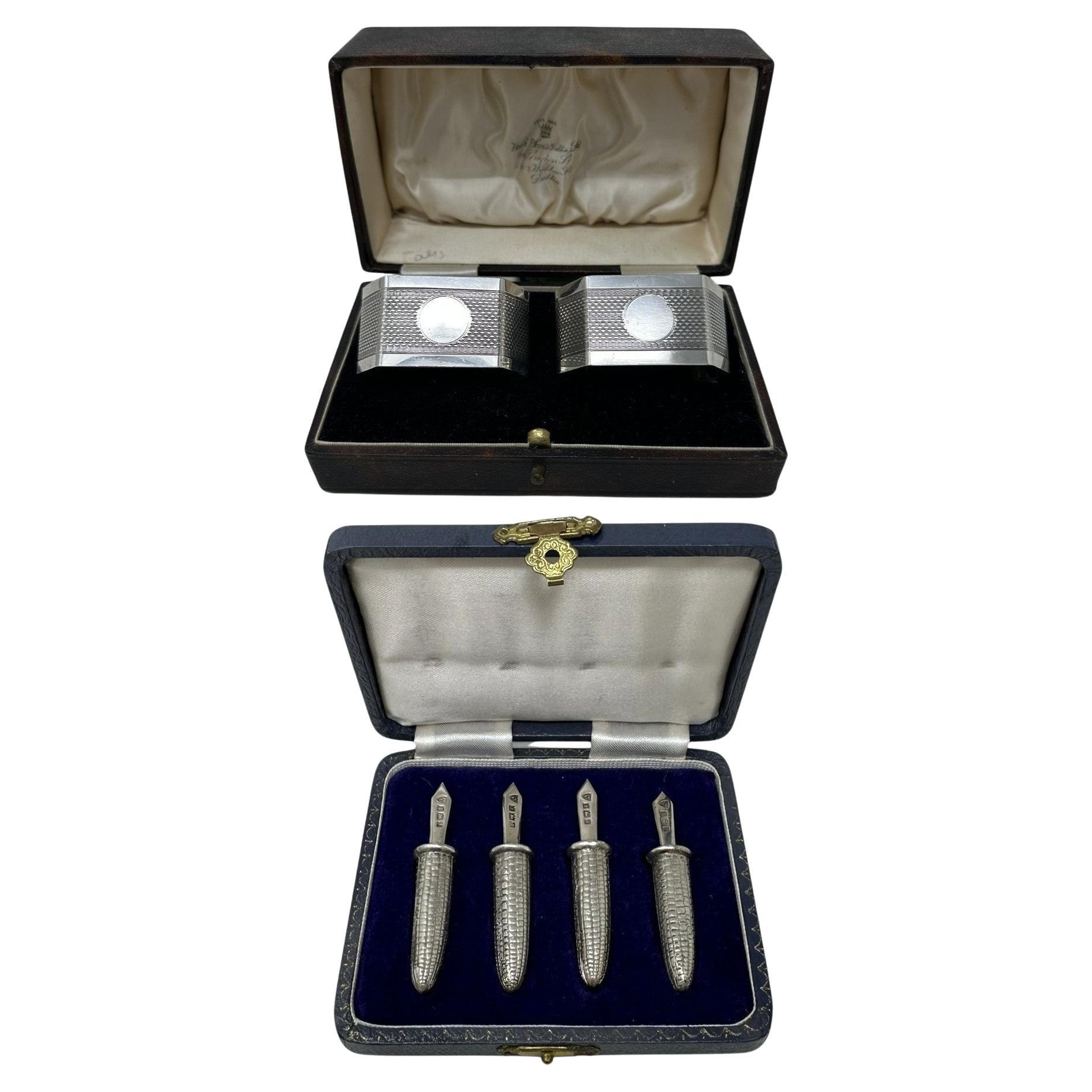 Coppia antica di anelli per tovaglioli in argento sterling Art Deco Set di porta pannocchie