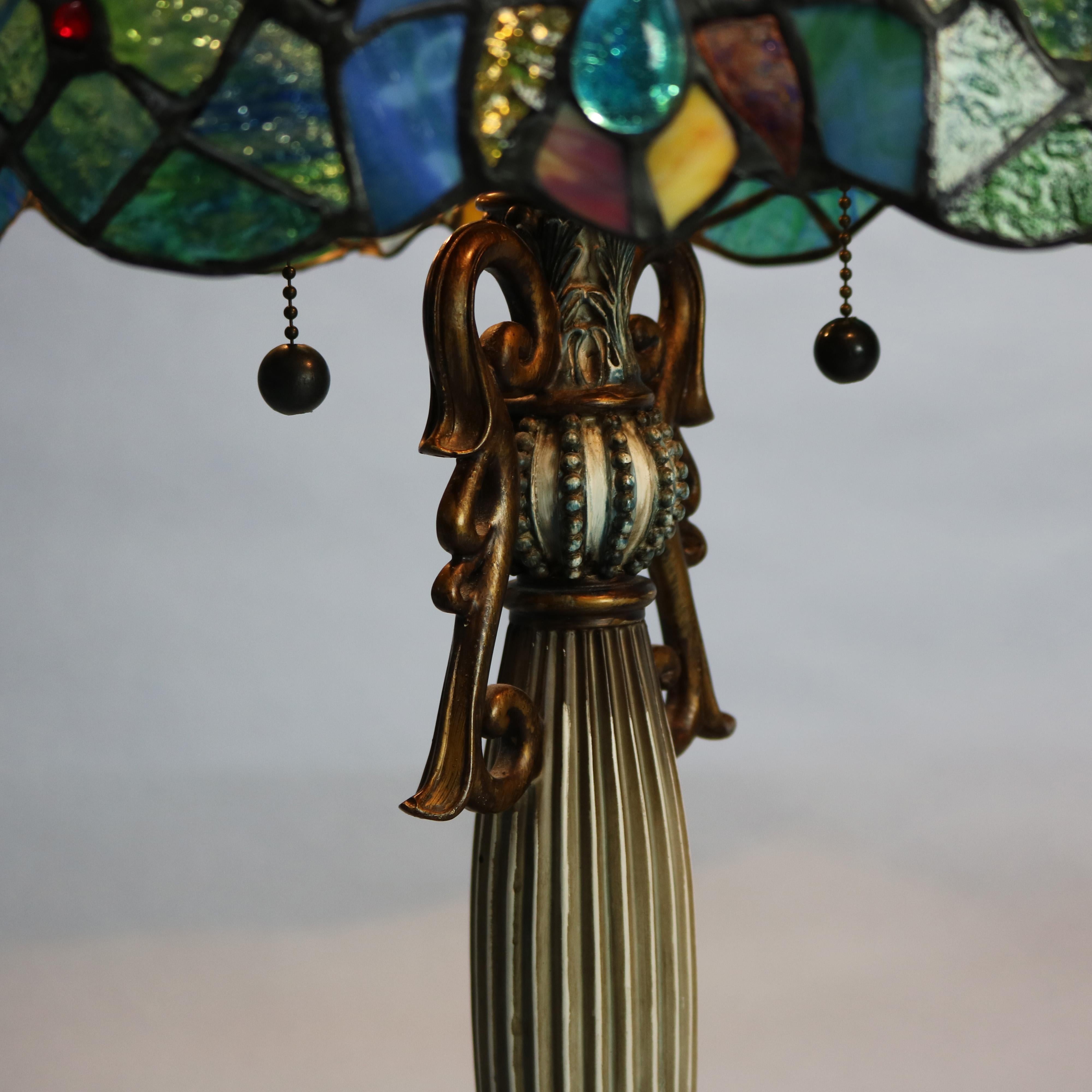 Metal Antique Pair Art Nouveau Leaded Glass Pagoda Shaped Tiffany Style Lamps, 20th C