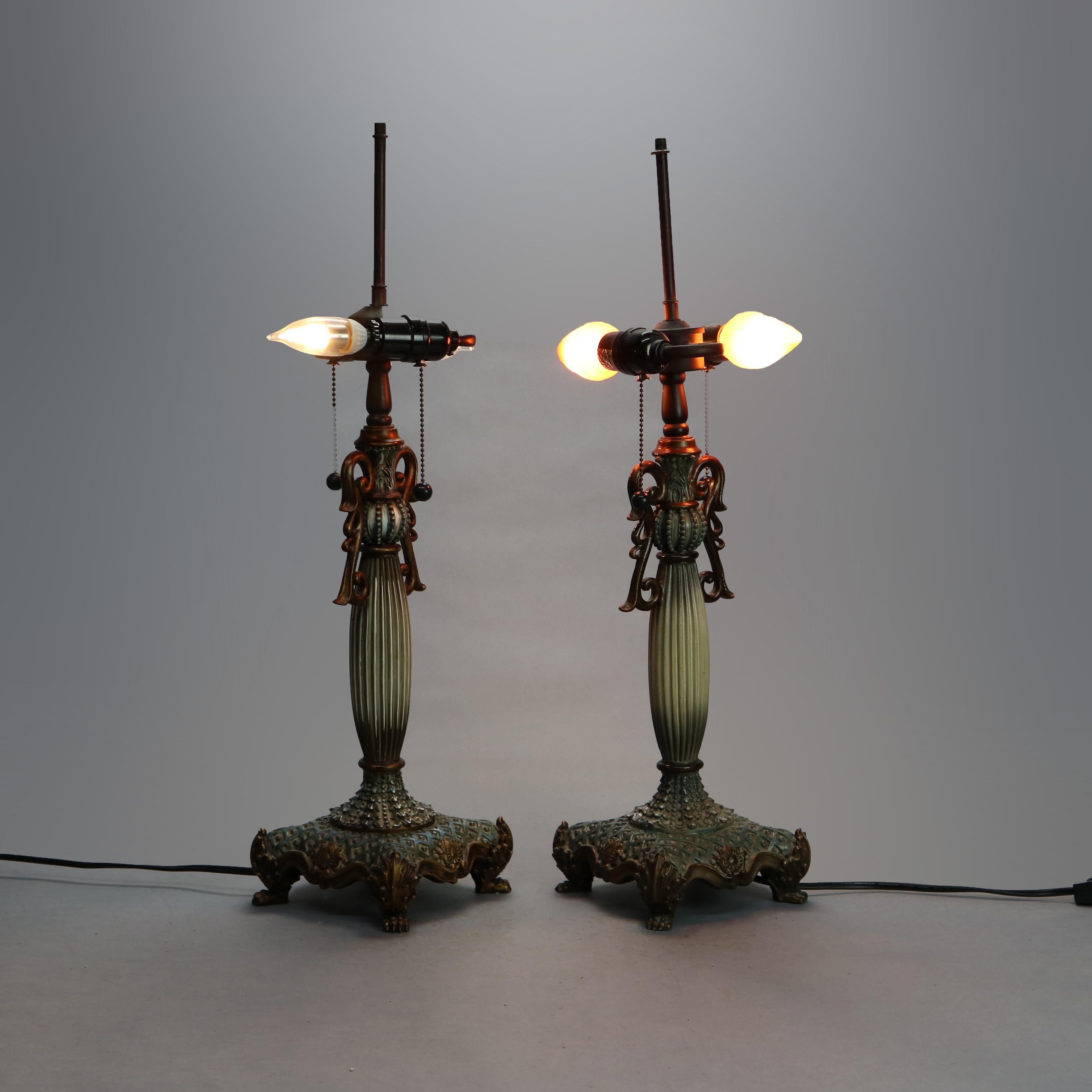 Antique Pair Art Nouveau Leaded Glass Pagoda Shaped Tiffany Style Lamps, 20th C 5