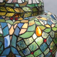 Antique Pair Art Nouveau Leaded Glass Pagoda Shaped Tiffany Style Lamps, 20th C