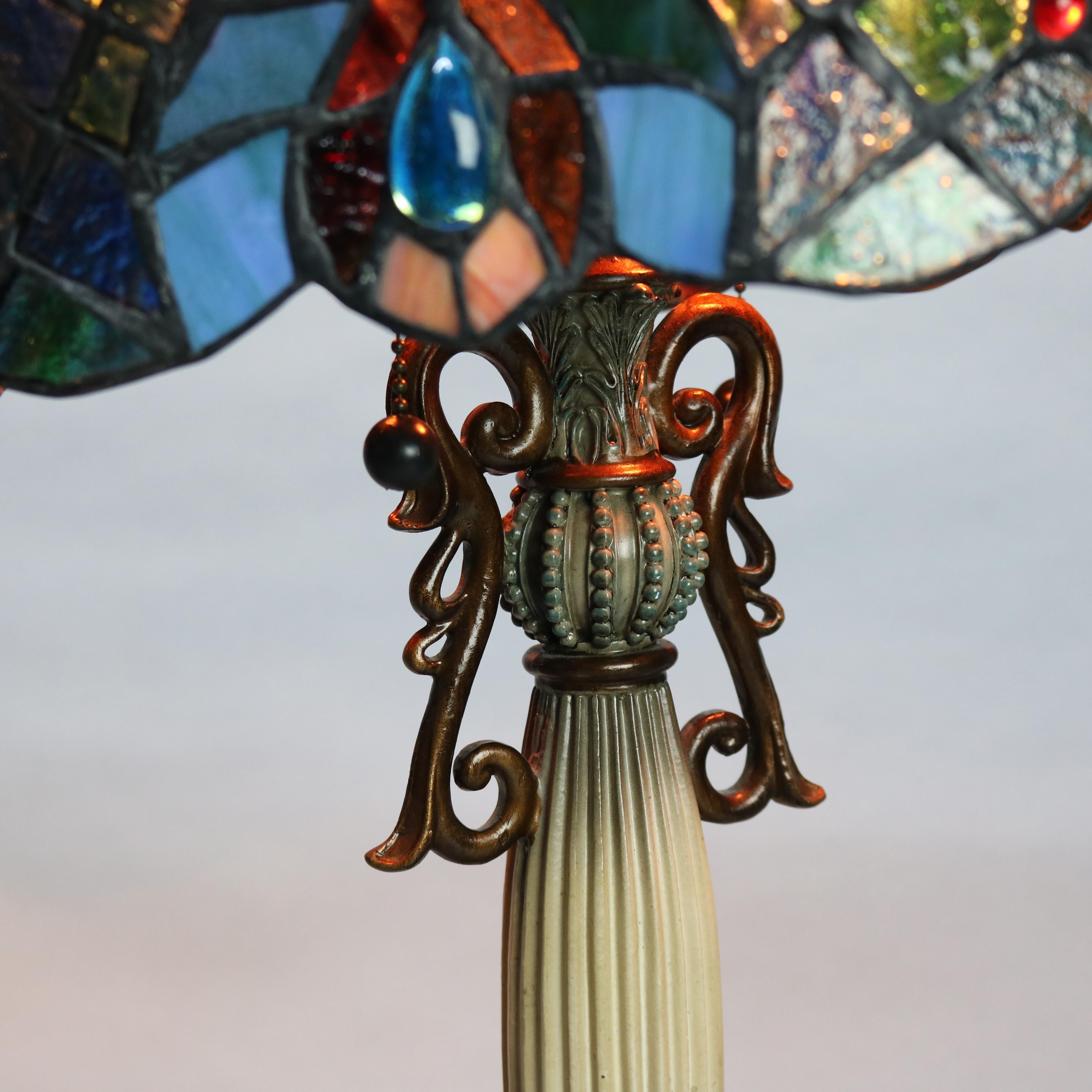 20th Century Antique Pair Art Nouveau Leaded Glass Pagoda Shaped Tiffany Style Lamps, 20th C