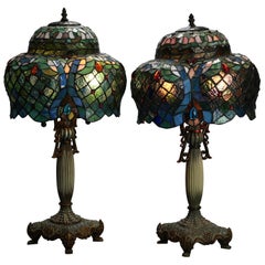 Antique Pair Art Nouveau Leaded Glass Pagoda Shaped Tiffany Style Lamps, 20th C