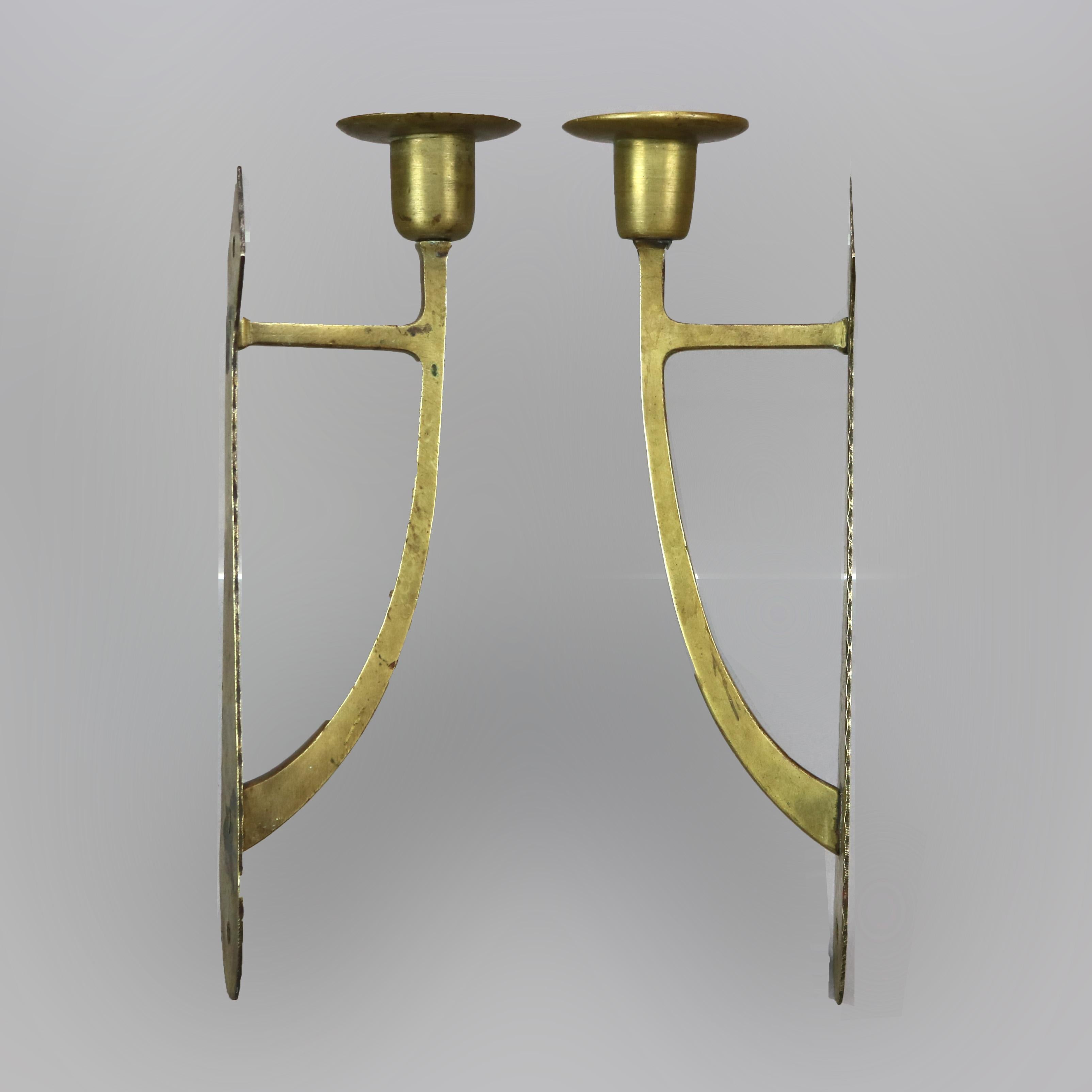 Arts and Crafts Antique Pair Arts & Crafts Gustav Stickley Hammered Brass Candle Sconces, C1910