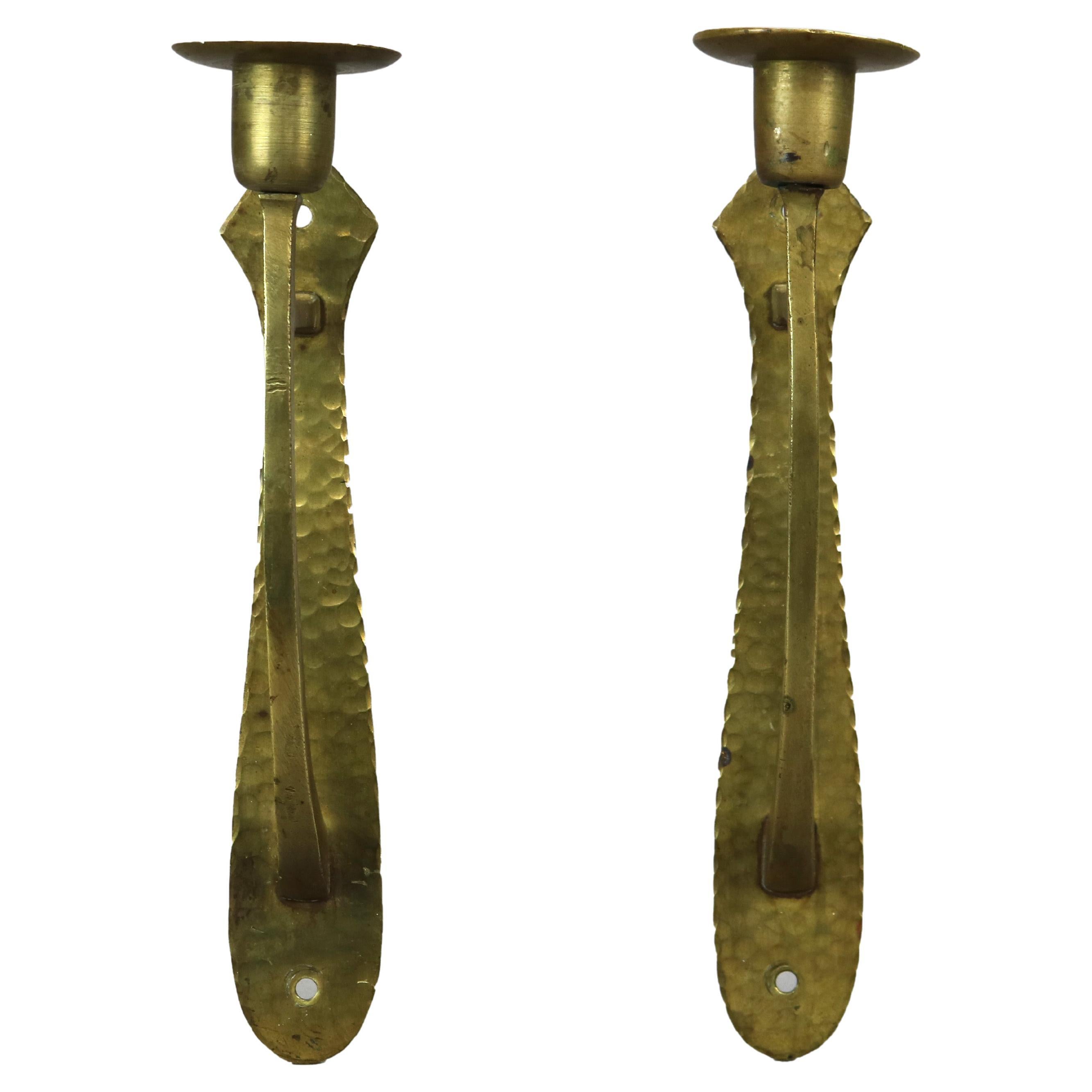 Antique Pair Arts & Crafts Gustav Stickley Hammered Brass Candle Sconces, C1910