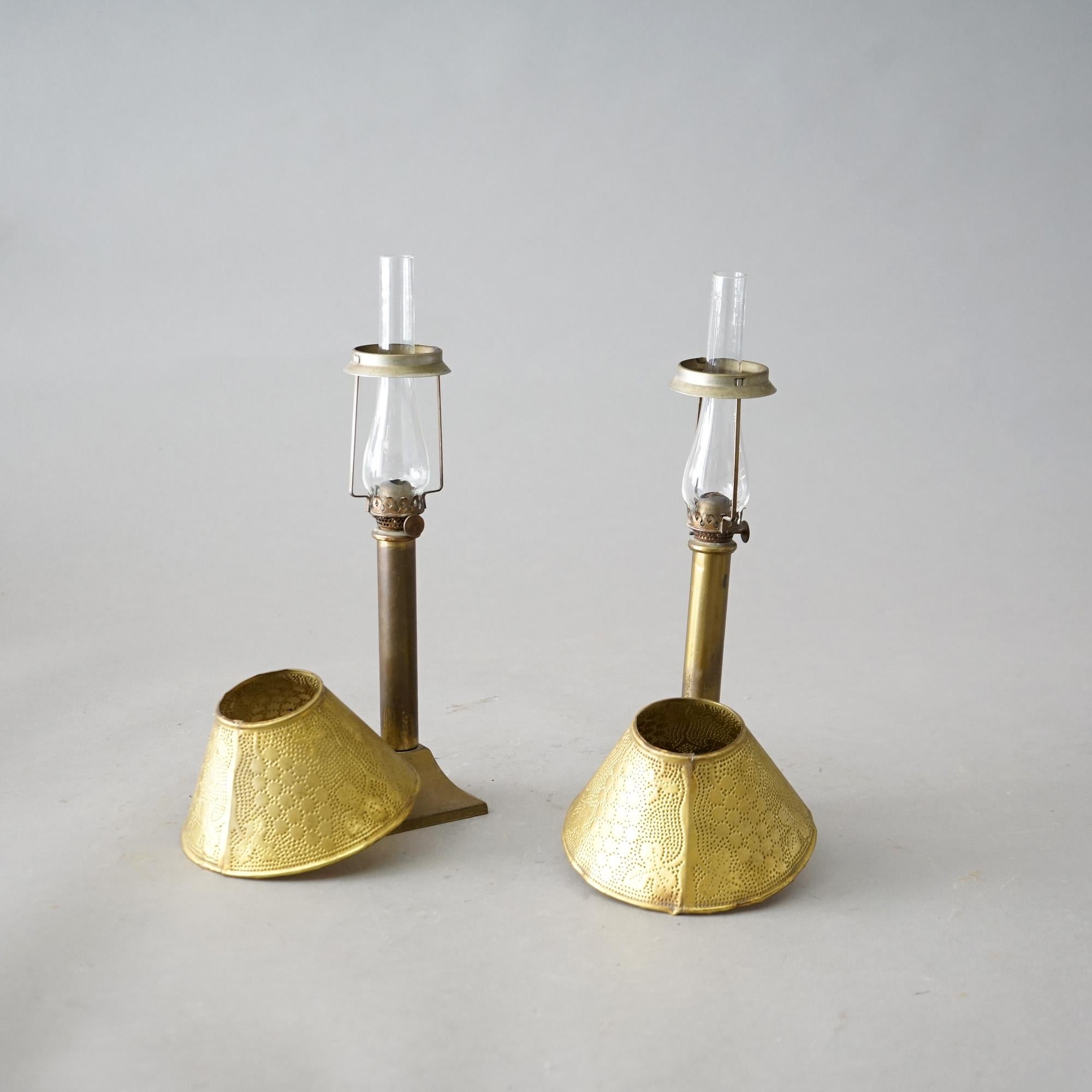 Arts and Crafts Antique Pair Arts & Crafts Miniature Oil Lamps with Stamped Brass Shades C1900 For Sale